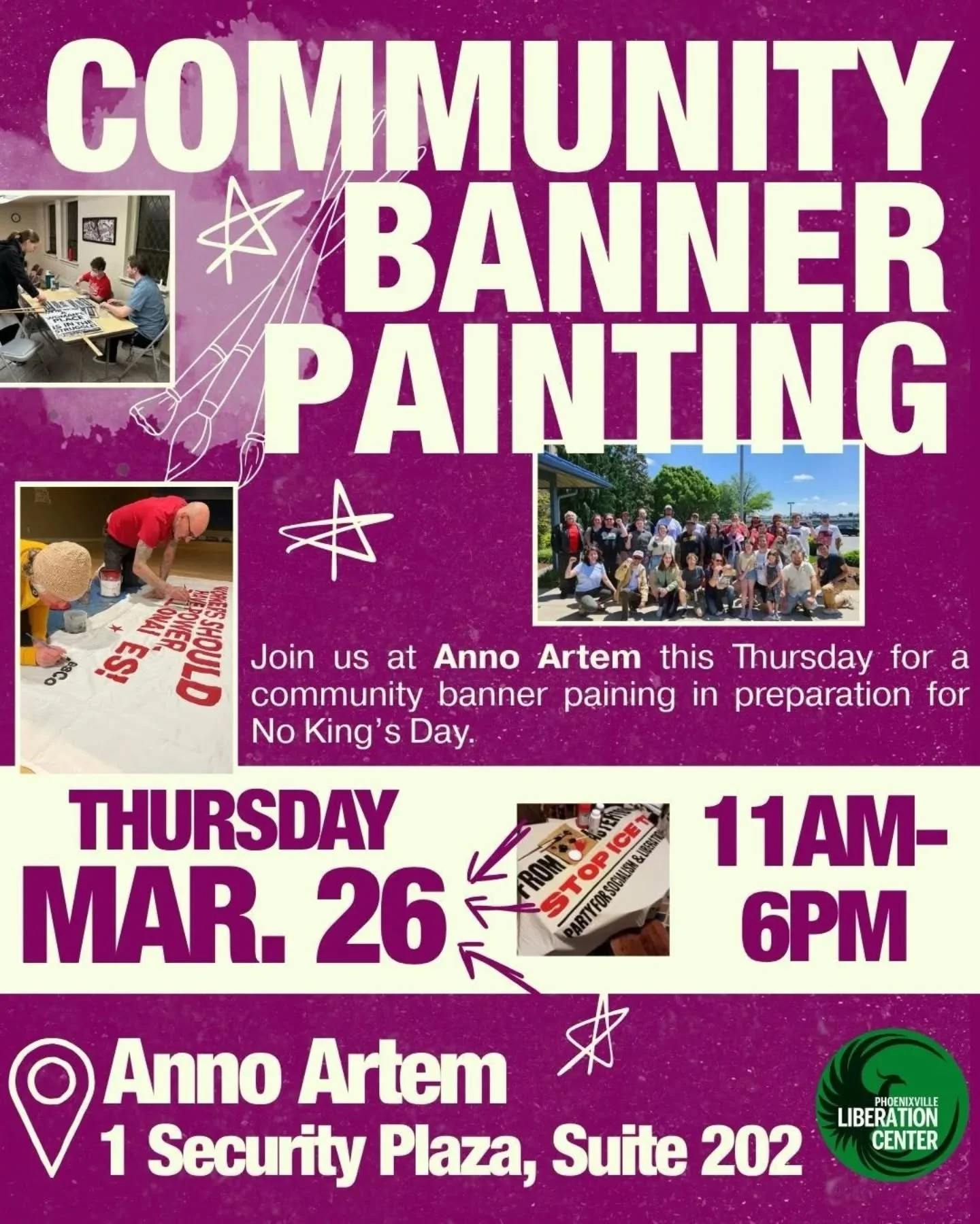 It's a busy weekend at Anno Artem Gallery. 
Today, we're the location for creating the banner that will be used at Saturday's Pottstown "No Kings" protest. Come in anytime during our open hours to add your own message to the banner. 

Satur