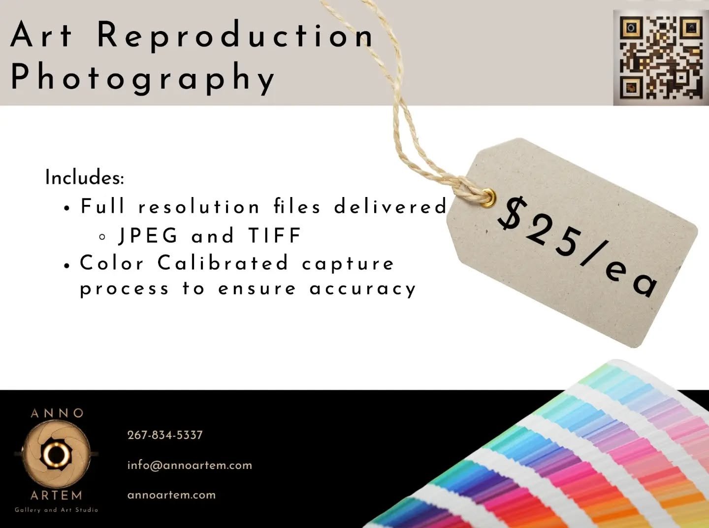 One of the services we provide at Anno Artem Gallery is art reproduction photography. A fully color calibrated workflow ensures your captures look just like what you created. Our lighting method creates even illumination with no glare, even behind gl