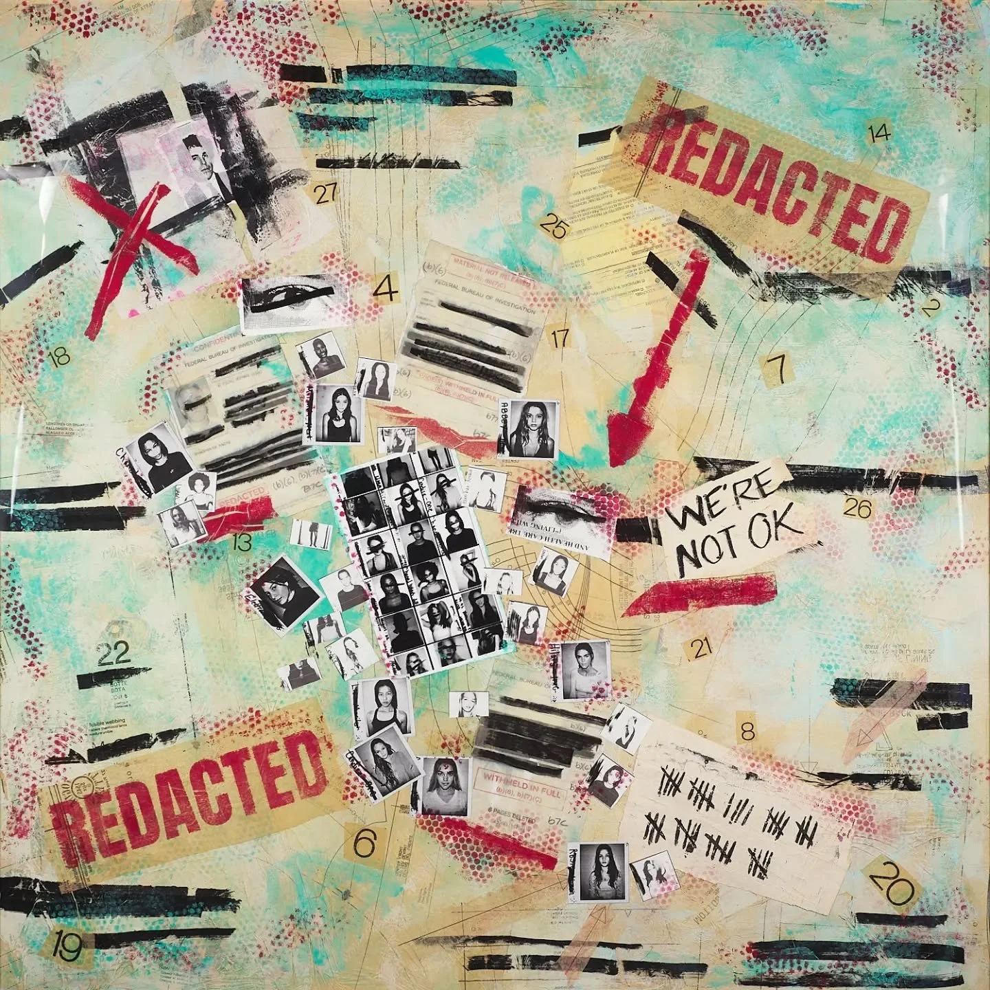 I'd like to highlight a piece from our current exhibition, "Resist!": Heather Carey's mixed media work "Alterations".

It's a very timely piece about the lengths that those in power go to in order to cover up the crimes of other p