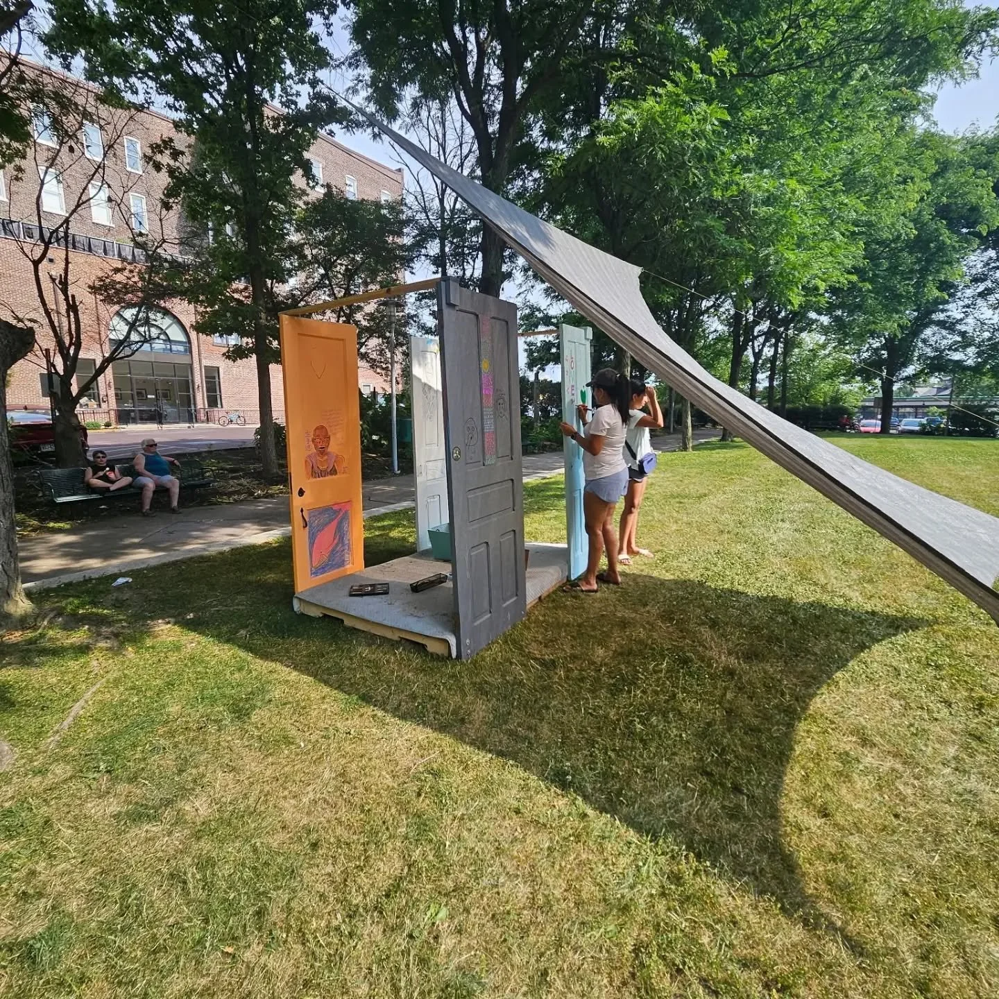 The Pottstown Nights Art Showcase is in full swing. Our public art project "Open Doors" is waiting for your contribution. We also have artist vendors, live music from @gavynbernhardt and comedy from @dielaughing0401 . Smith Family Plaza at 