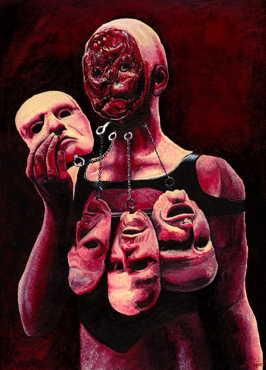 A person with a black shirt holding a mask and chains with masks hanging from a necklace, with their face partially obscured by a mask with a distorted face. The background is dark red and black.