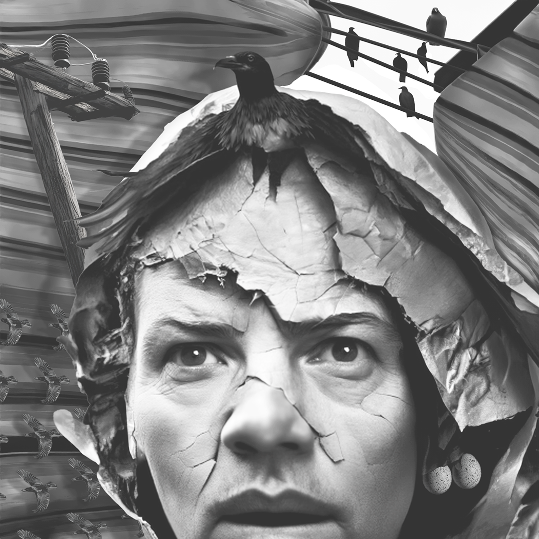 A collage of a man's face with cracked paper overlay, a pigeon on his head, and a background of birds and wires.