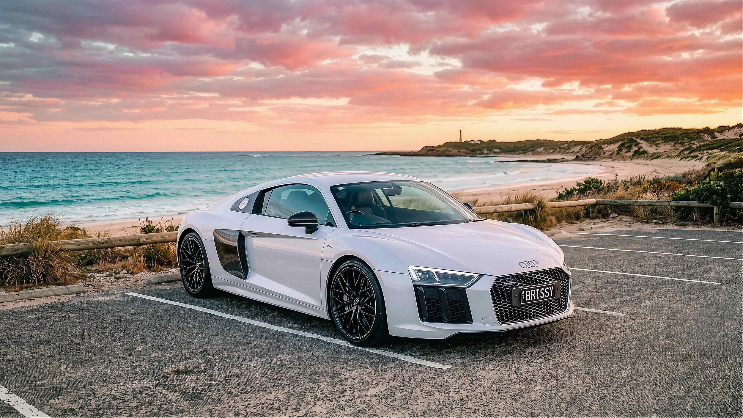 A white luxury Audi sports car parked in an oceanfront parking lot during sunset, with a lighthouse and shoreline in the background.
