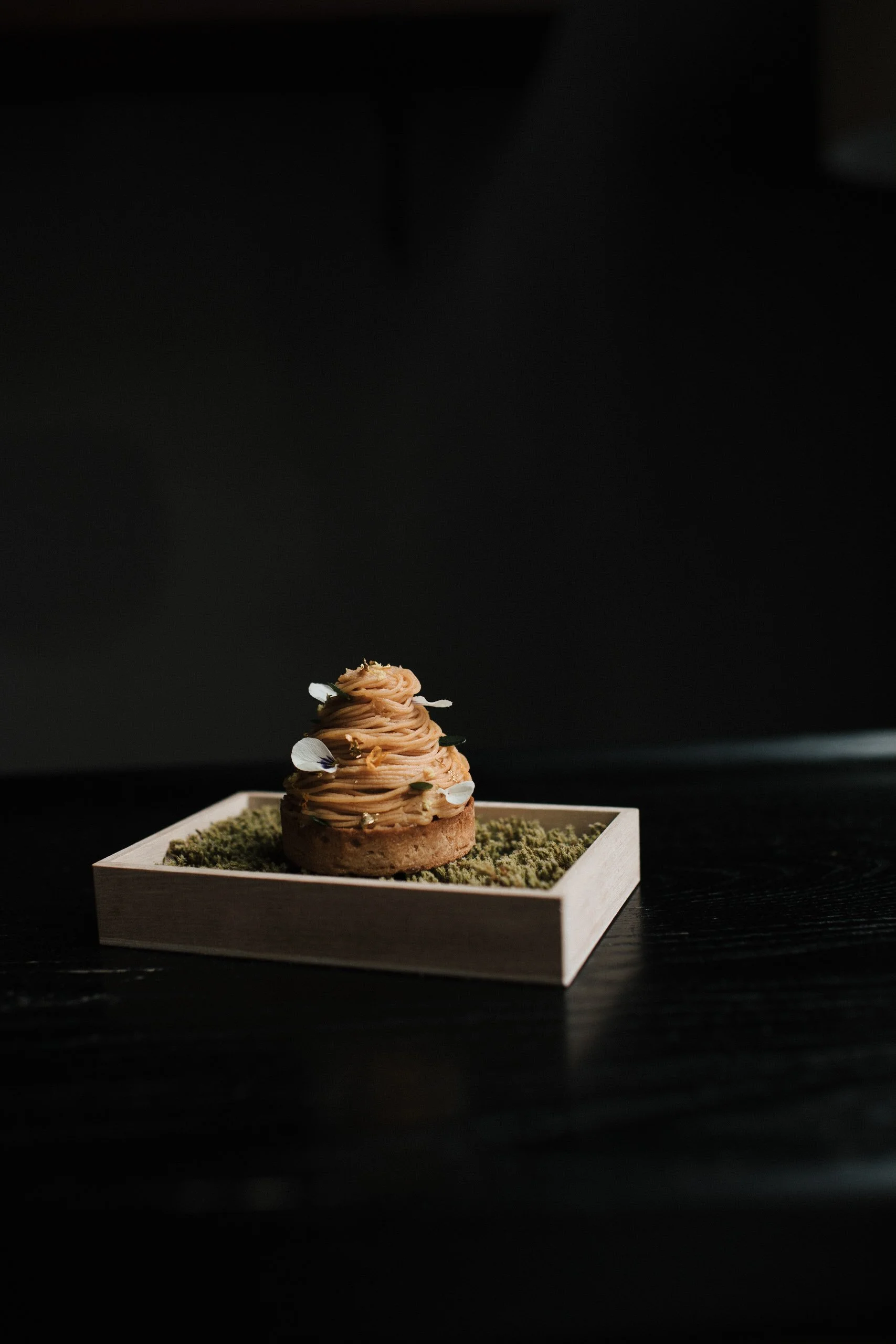 Mt. Blanc
'22 Winter Final Dessert

Candied Ginger Tart Shell
Sweetened Smoked Shoyu Gel
Kokuto + Ginger Jelly
Burnt Orange + Cardamom Milk Jam
Charred Eggplant Mousse
Kinako Creama
Burnt Orange Oil
Fresh Grated Farm Ginger 
Orange Zest
Kinome