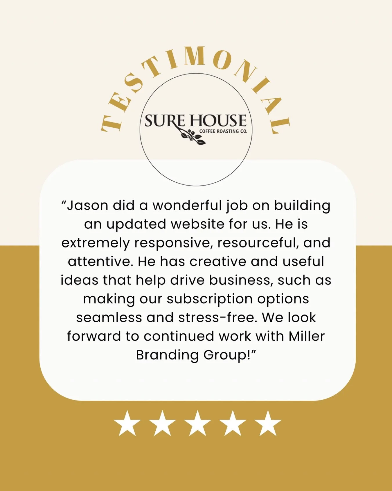 It was a pleasure working with @surehousecoffee! Reviews like this mean the world &ndash; not just because it is thoughtful, but because it&rsquo;s what we strive for with every client. If partnering with us on a project, you can expect these 3 thing