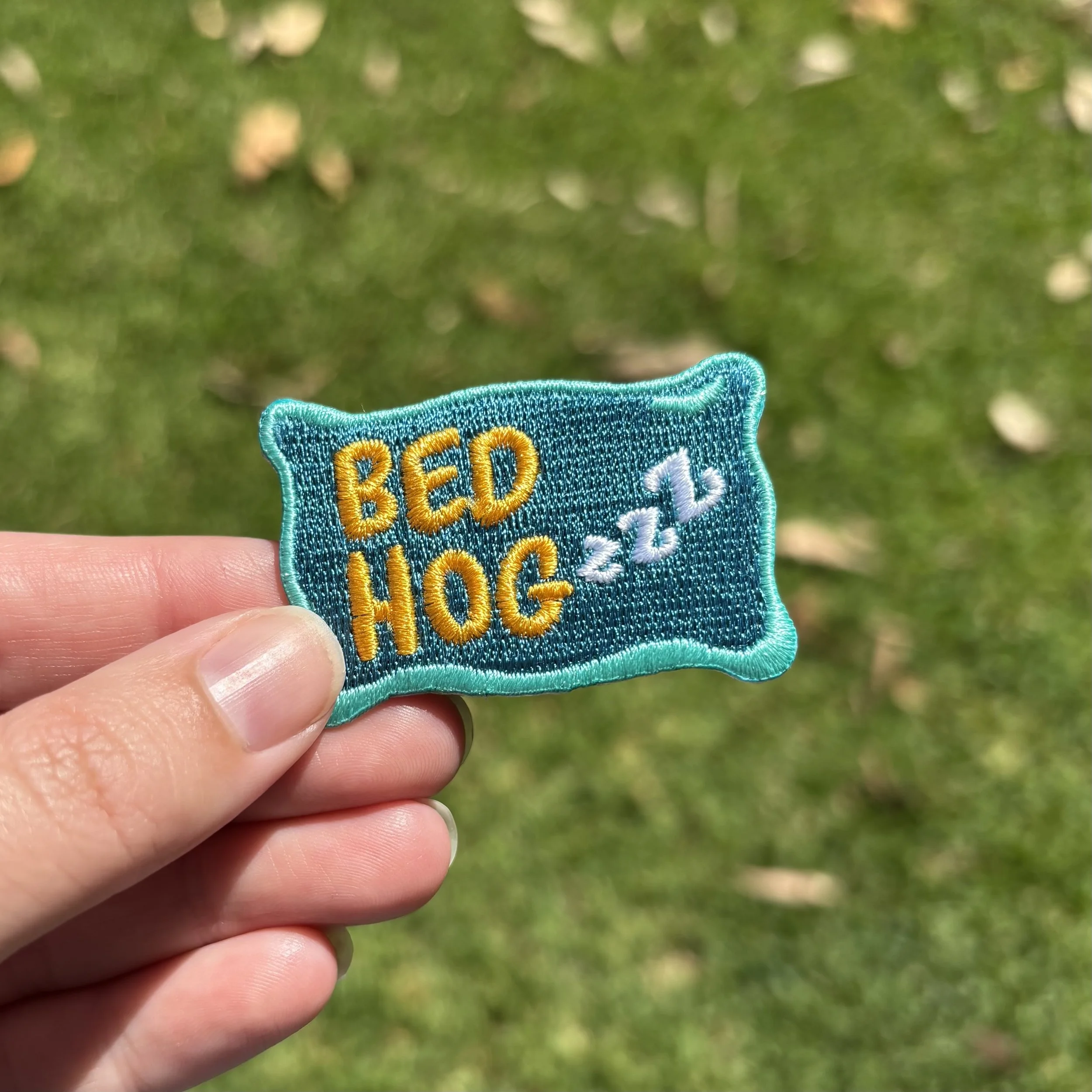 'Bed Hog' iron-on embroidered patch