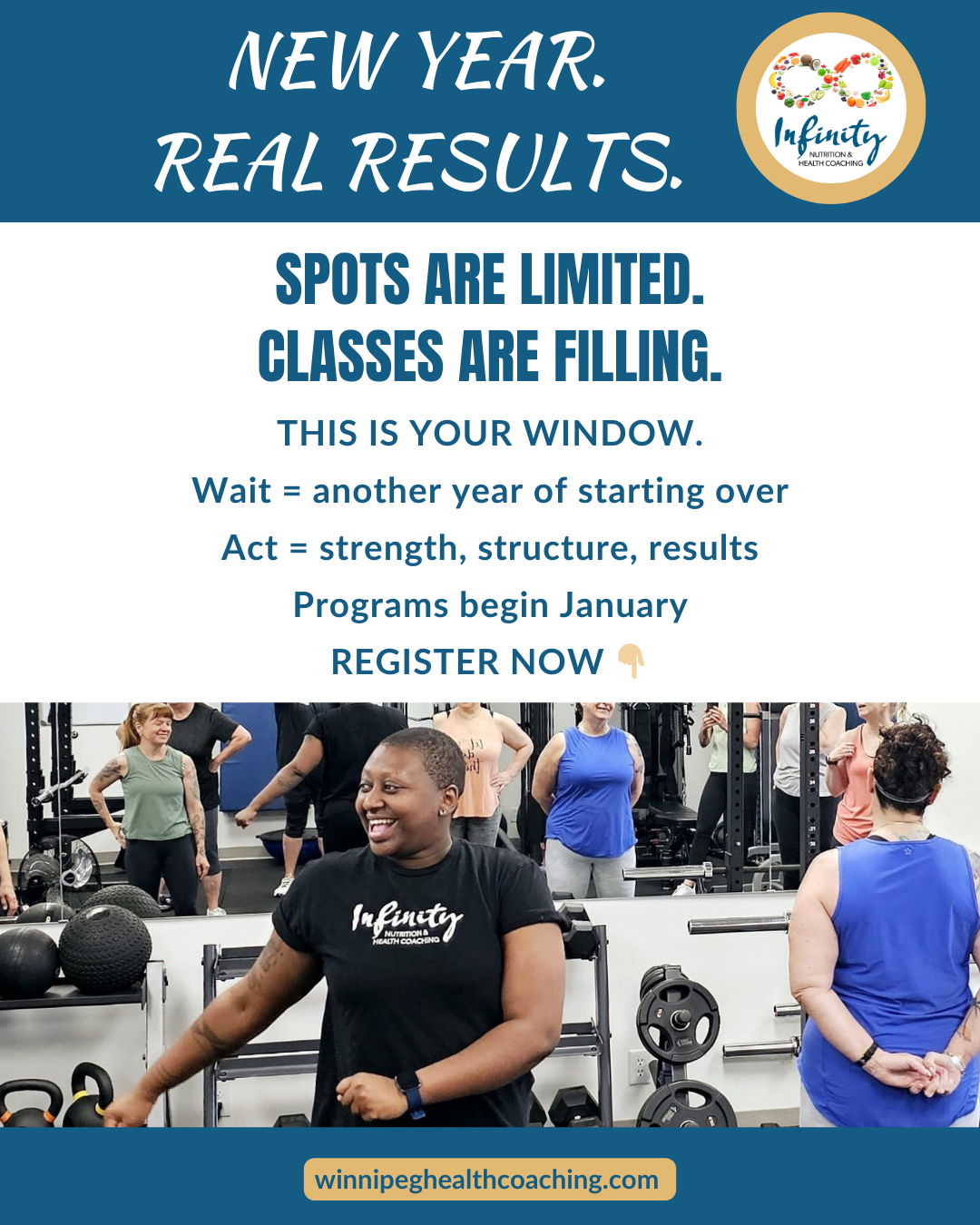 A promotional flyer for fitness classes at Infinity Nutrition & Health Coaching. The flyer features bold text encouraging early registration for classes starting in January, with a background image of diverse people in a gym setting, smiling and enga
