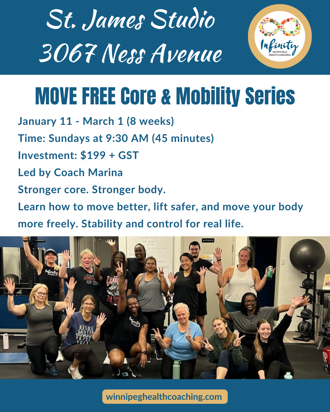 Group of people in workout attire in a gym, posing and smiling at the camera.