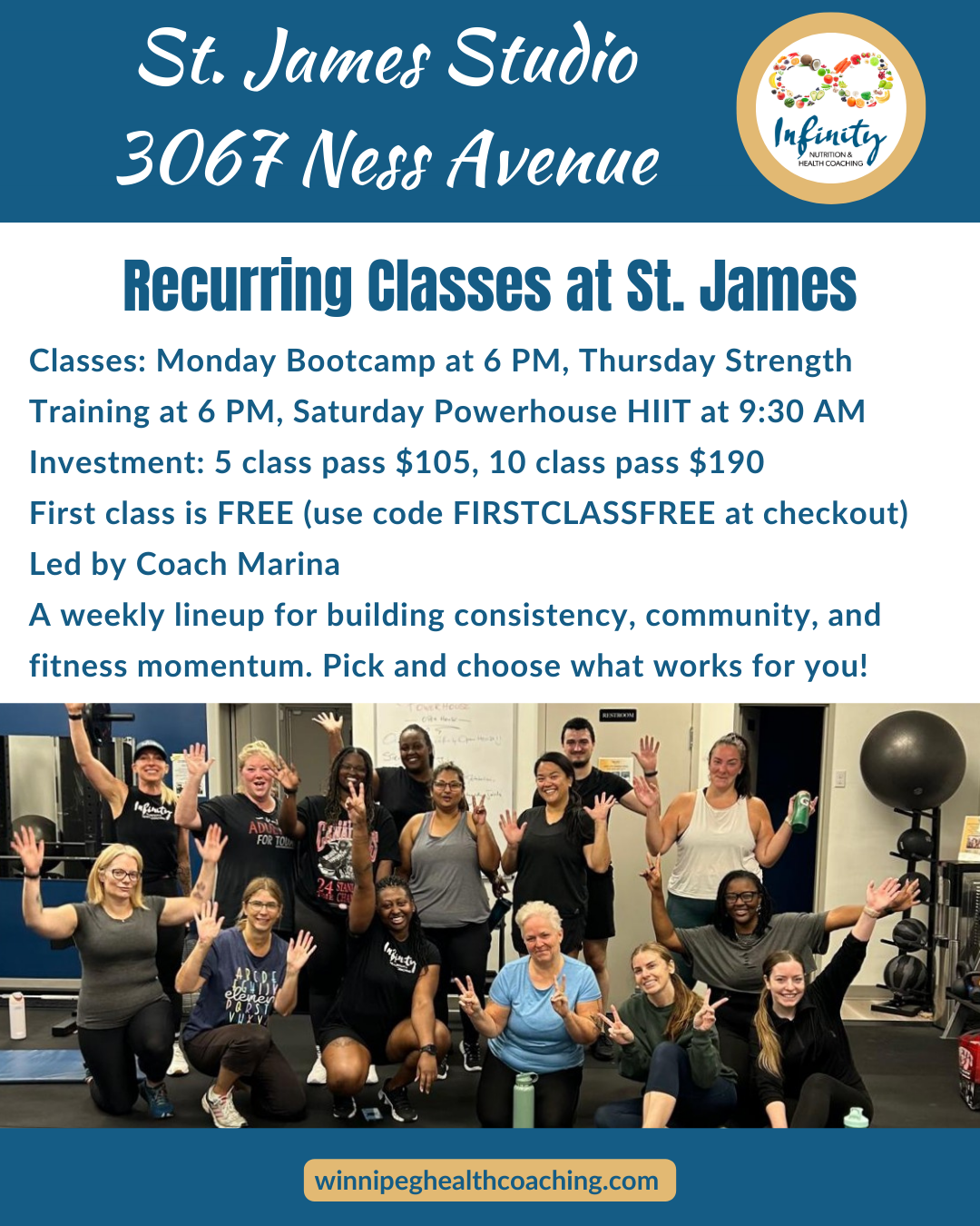 A promotional flyer for St. James Studio located at 3067 Ness Avenue advertising recurring fitness classes led by Coach Marina. The flyer includes class schedules, pricing options, and a note that the first class is free. The bottom features a group 