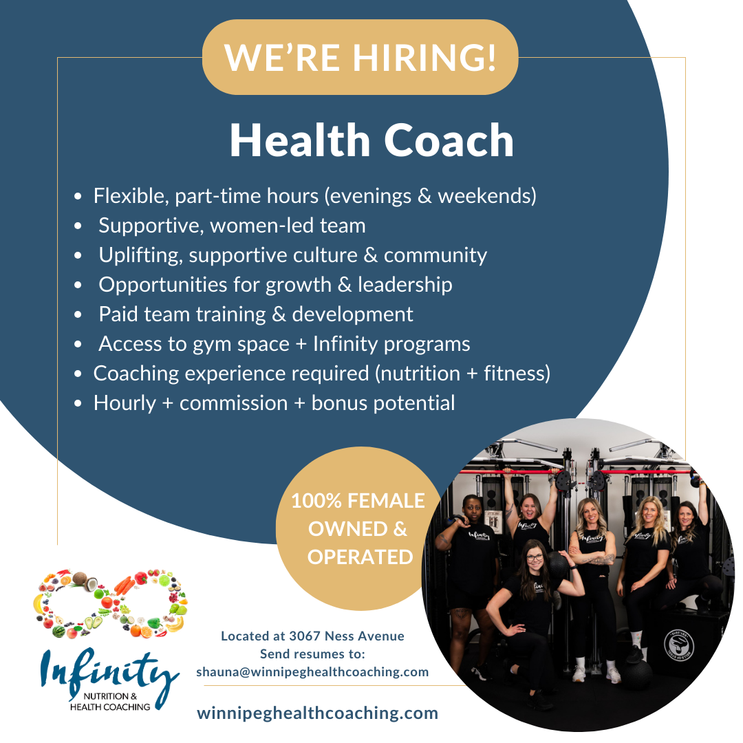 A recruitment flyer for a women-led, women-owned health coaching business offering flexible, part-time positions for a health coach, featuring a group photo of women in gym attire by fitness equipment.