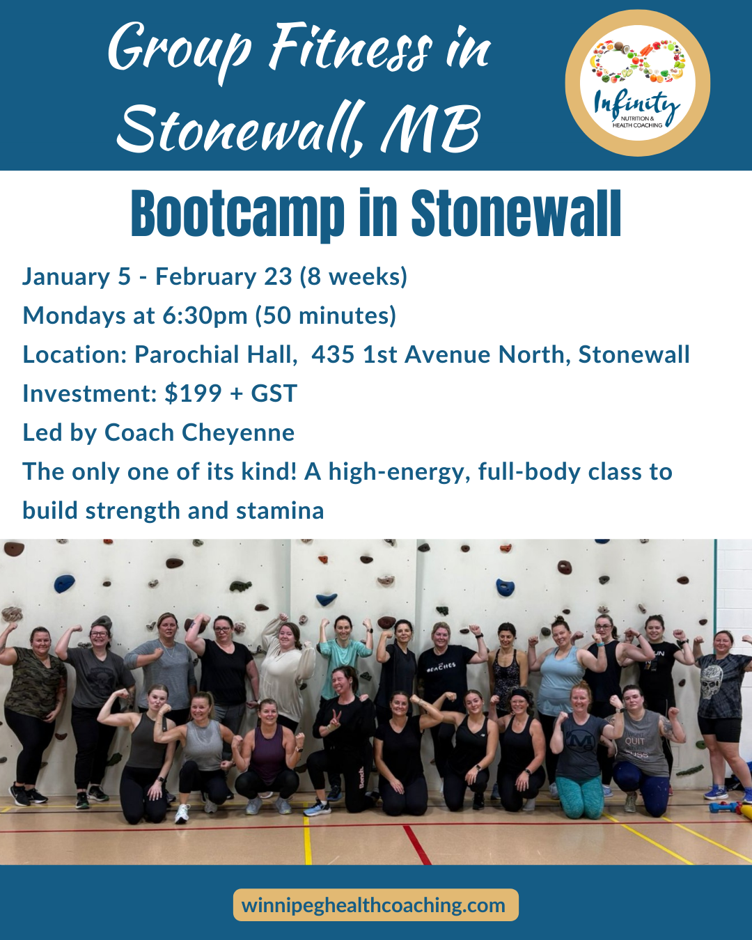 Group of women participating in a fitness class at a rock climbing gym with a rock wall in the background, smiling and flexing their muscles.