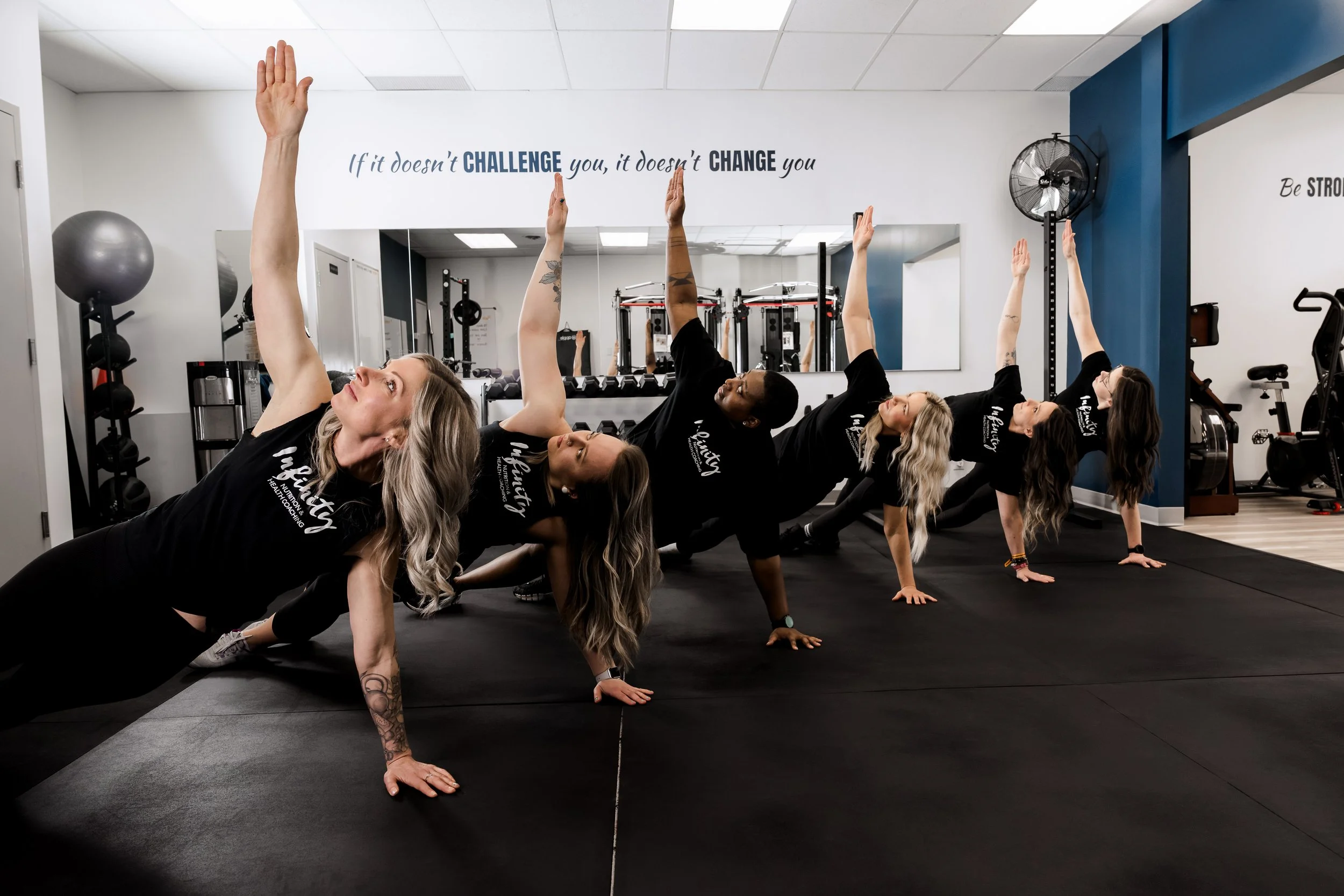 A group of five women doing yoga side plank pose in a gym. They are on a black exercise mat, wearing black shirts, with various gym equipment visible in the background. The gym has motivational quotes on the wall.