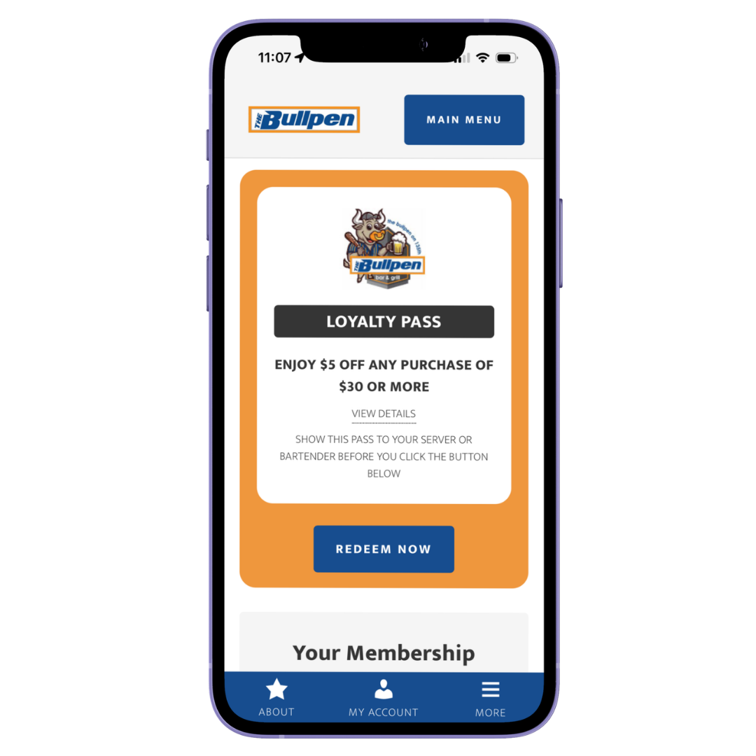 Mobile phone displaying a loyalty pass for Bullpen bar & grill, offering $5 off on a purchase of $30 or more, with a 'Redeem Now' button.
