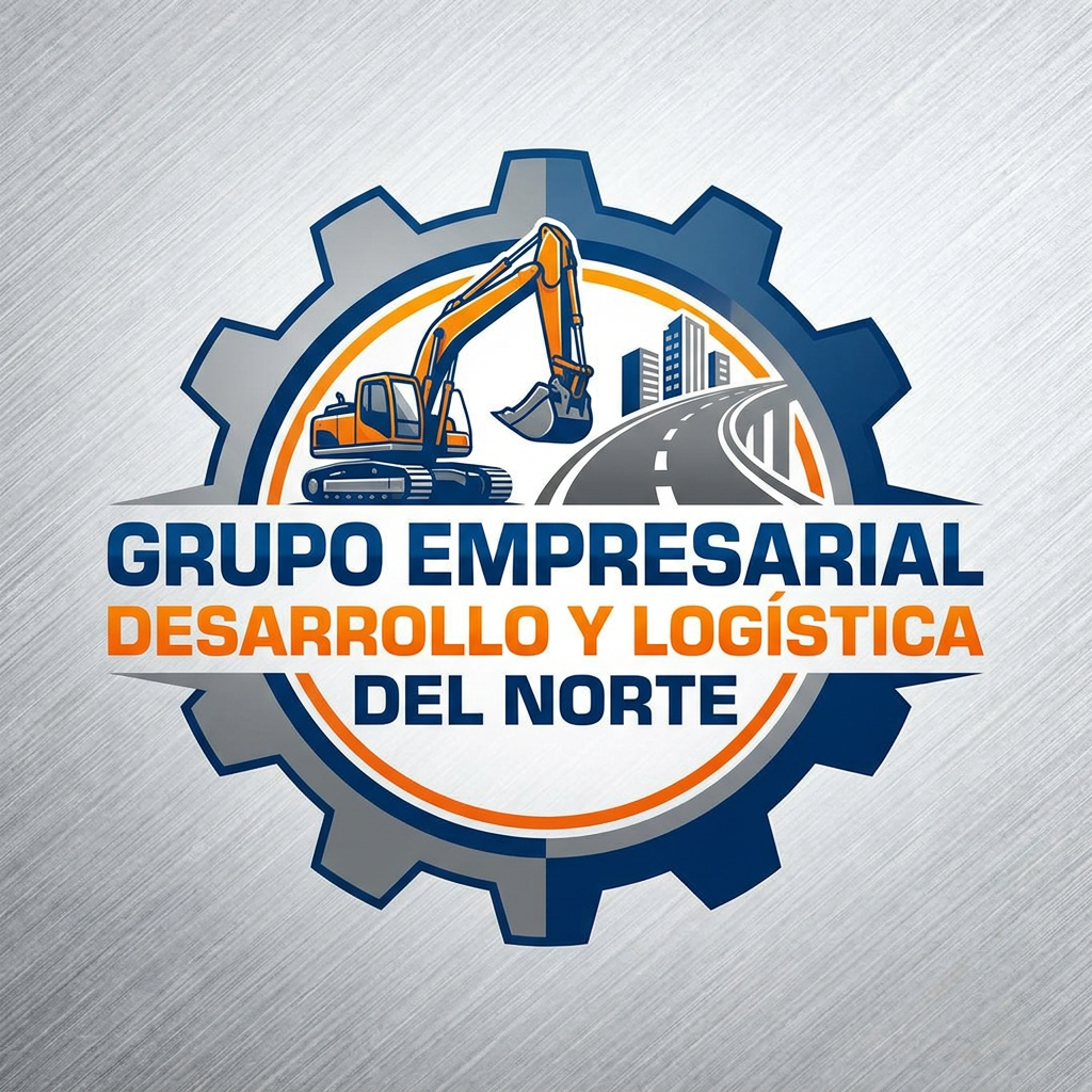 Logotipo de un grupo empresarial de desarrollo y logística del norte, con una excavadora, un camino y edificios en el fondo, rodeado de un engranaje en tonos azules, grises y naranjas.