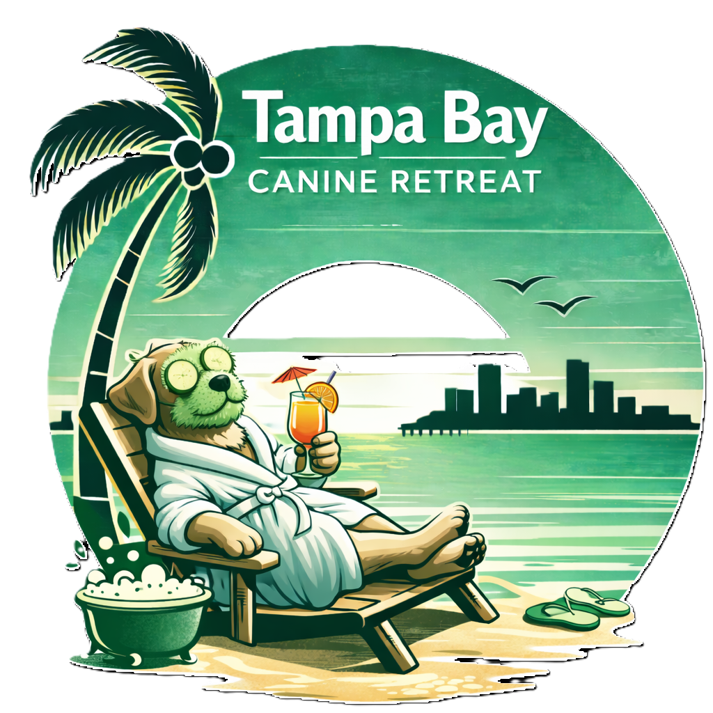 A digital illustration of a dog relaxing on a beach chair in Tampa Bay, Florida. The dog is wearing sunglasses and a white robe, holding a cocktail with an umbrella. There are flip-flops on the sand, a palm tree with coconuts, and a city skyline across the water with a pier and flying birds in the background.