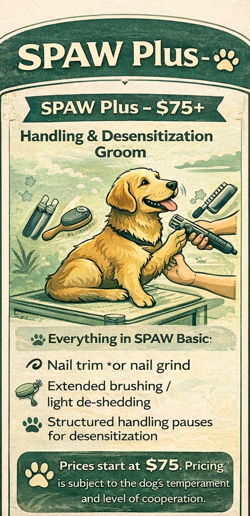 Poster advertising a dog grooming service called SPAW Plus, with prices starting at $75. Features an illustration of a dog on a grooming table, and tools like nail trimmers, brushes, and a blow dryer. Text details services including handling, desensitization, nail trimming or grinding, extended brushing, light de-shedding, and structured handling pauses.