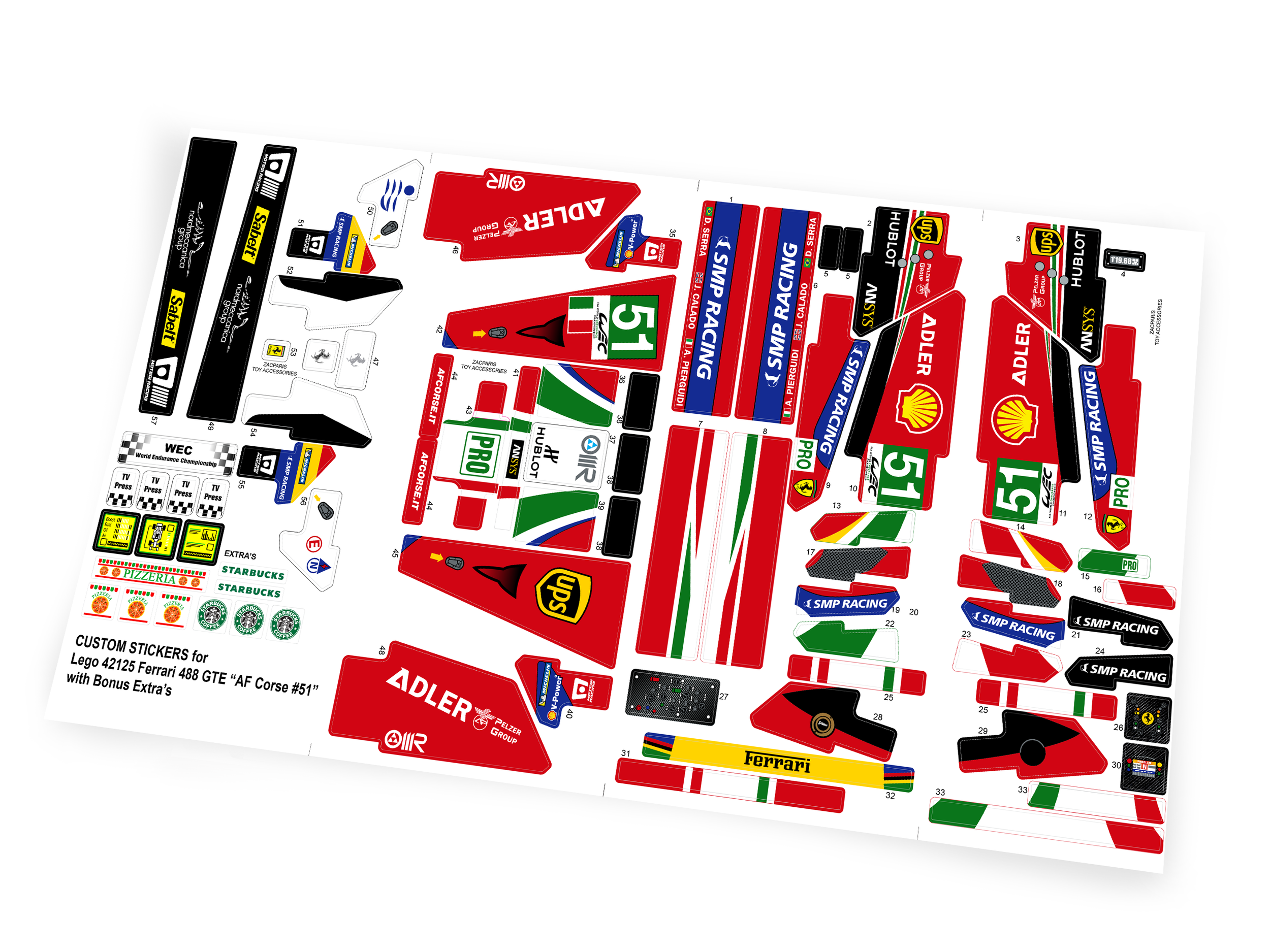 Custom stickers for Set 42125 Ferrari 488 GTE “AF Corse #51” Sheet 1&2 with Bonus!