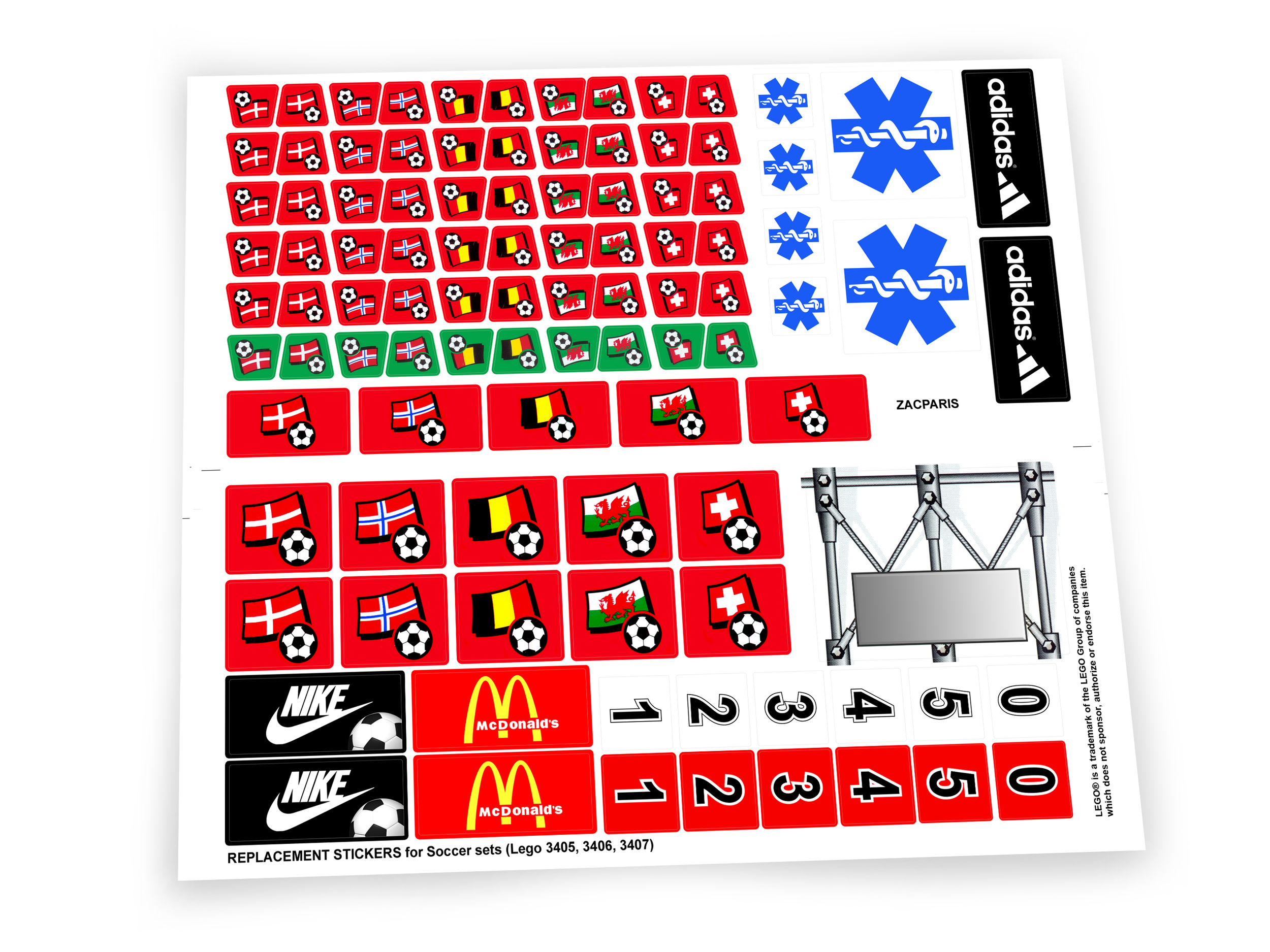 Lego 3407 Red Team Bus Soccer Football Team stickers