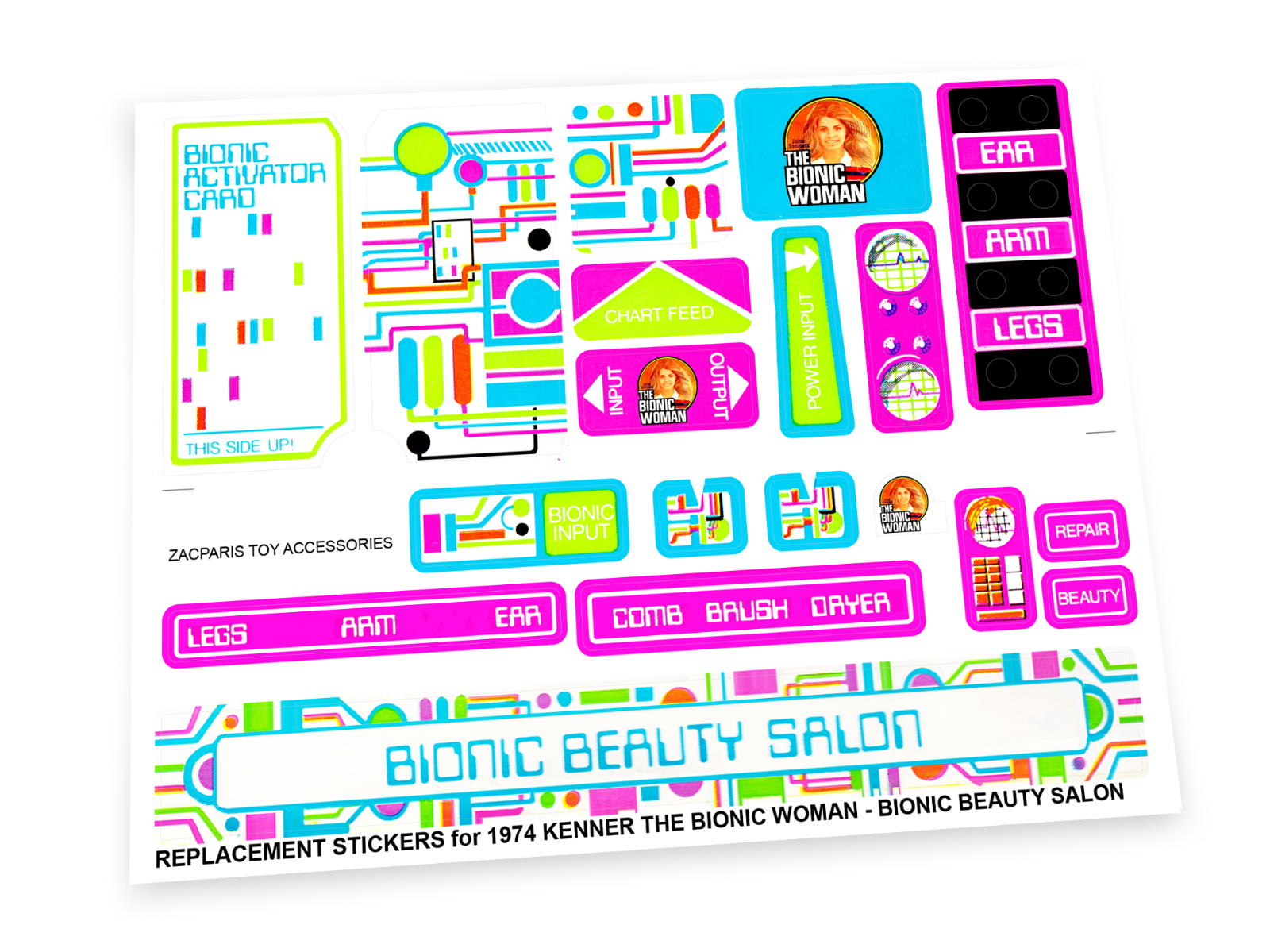 Kenner 1977 Six Million Dollar Man SMDM Bionic woman Bionic beauty salon stickers