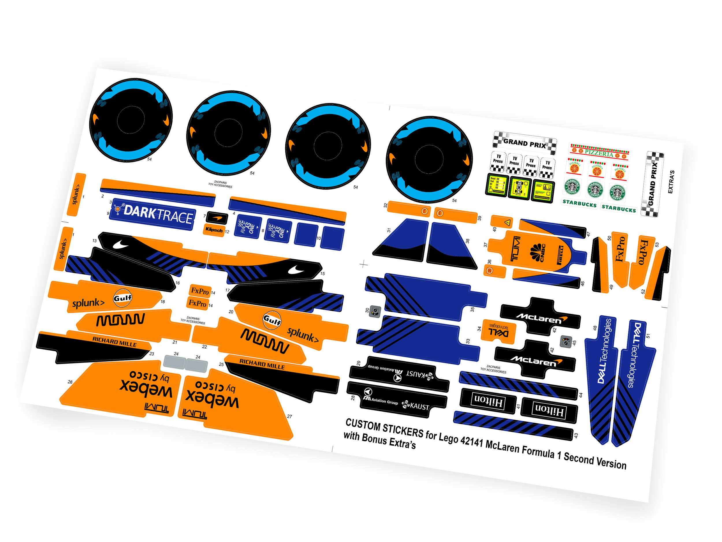 Custom stickers for Set 42141 McLaren Formula 1 , Version 2 with Bonus!