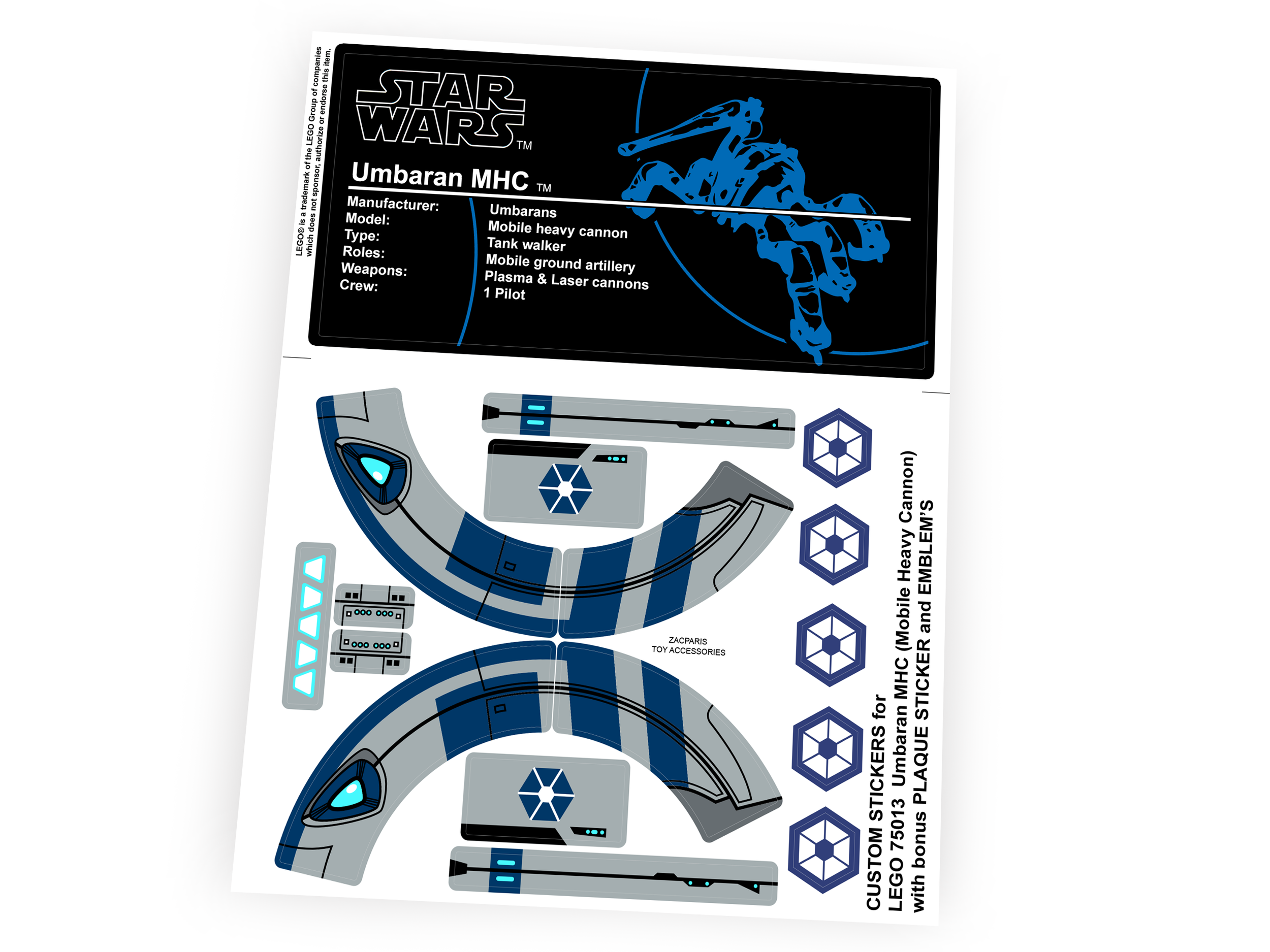 Custom stickers for Star Wars Set 75013 Umbaran MHC Mobile Heavy Cannon + Bonus!