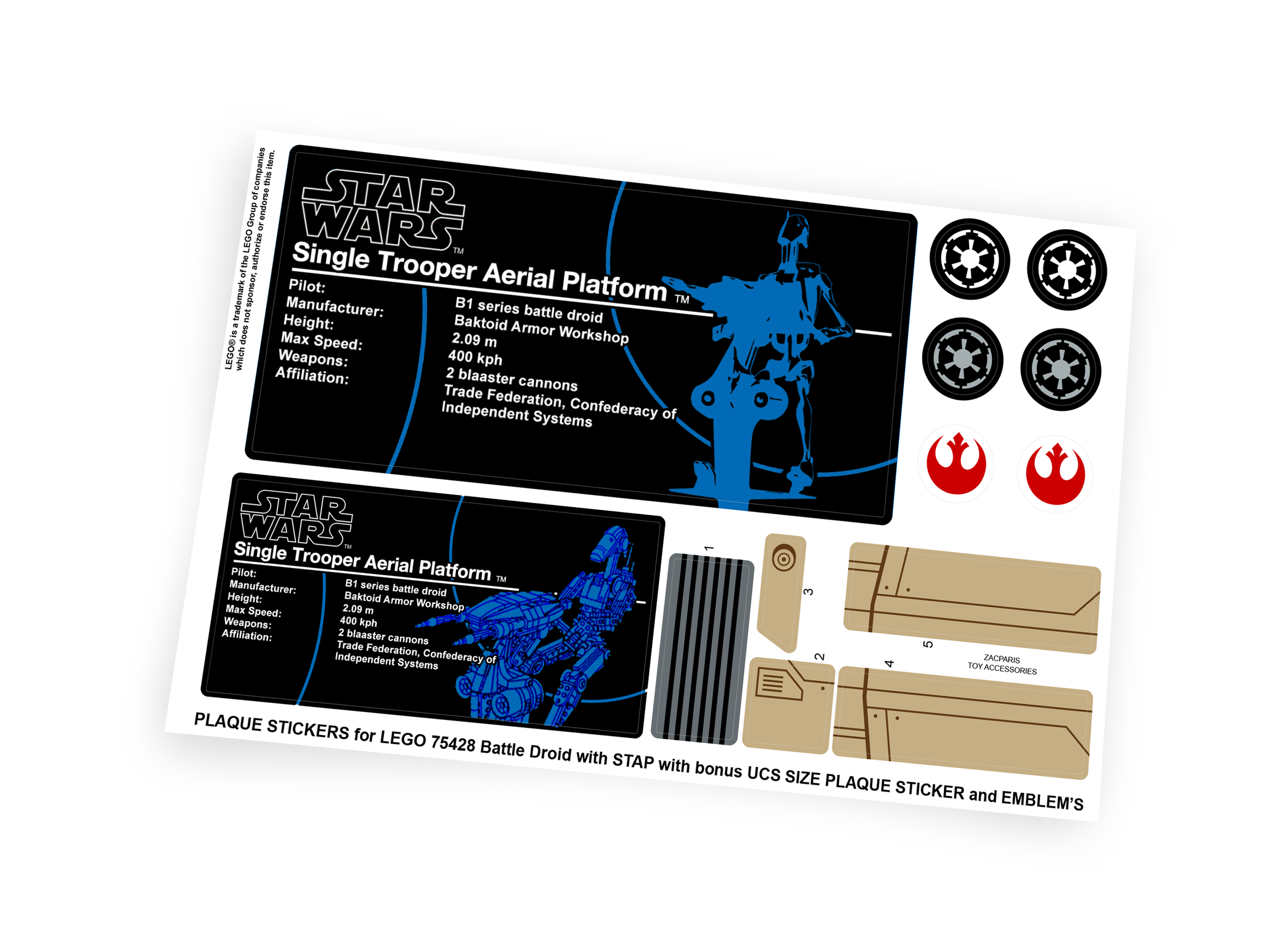 Custom Plaque stickers for Star Wars Set 75428 Battle Droid with STAP with Bonus!