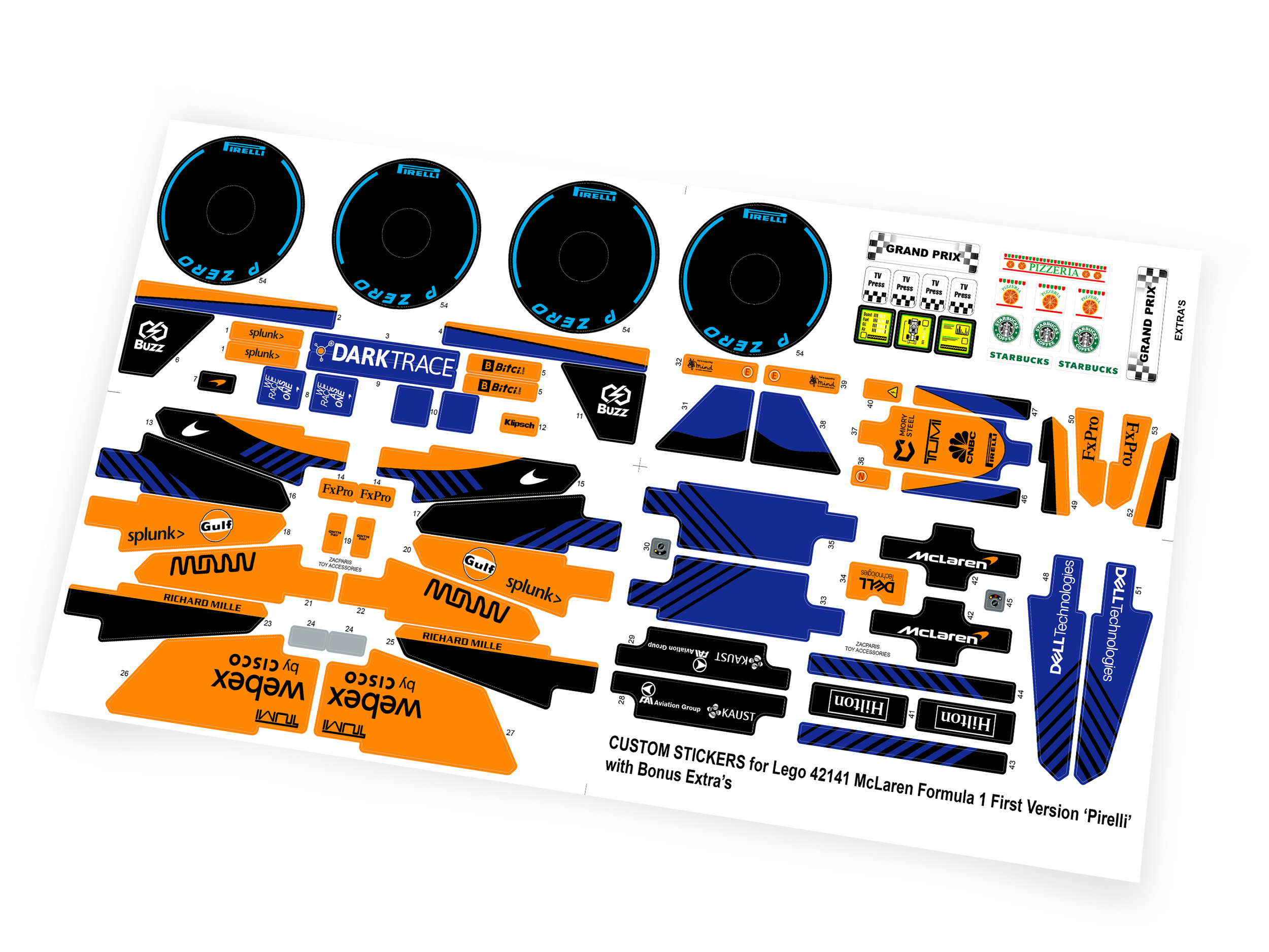 Custom stickers for Set 42141 McLaren Formula 1 , Version 1 'Pirelli' with Bonus!