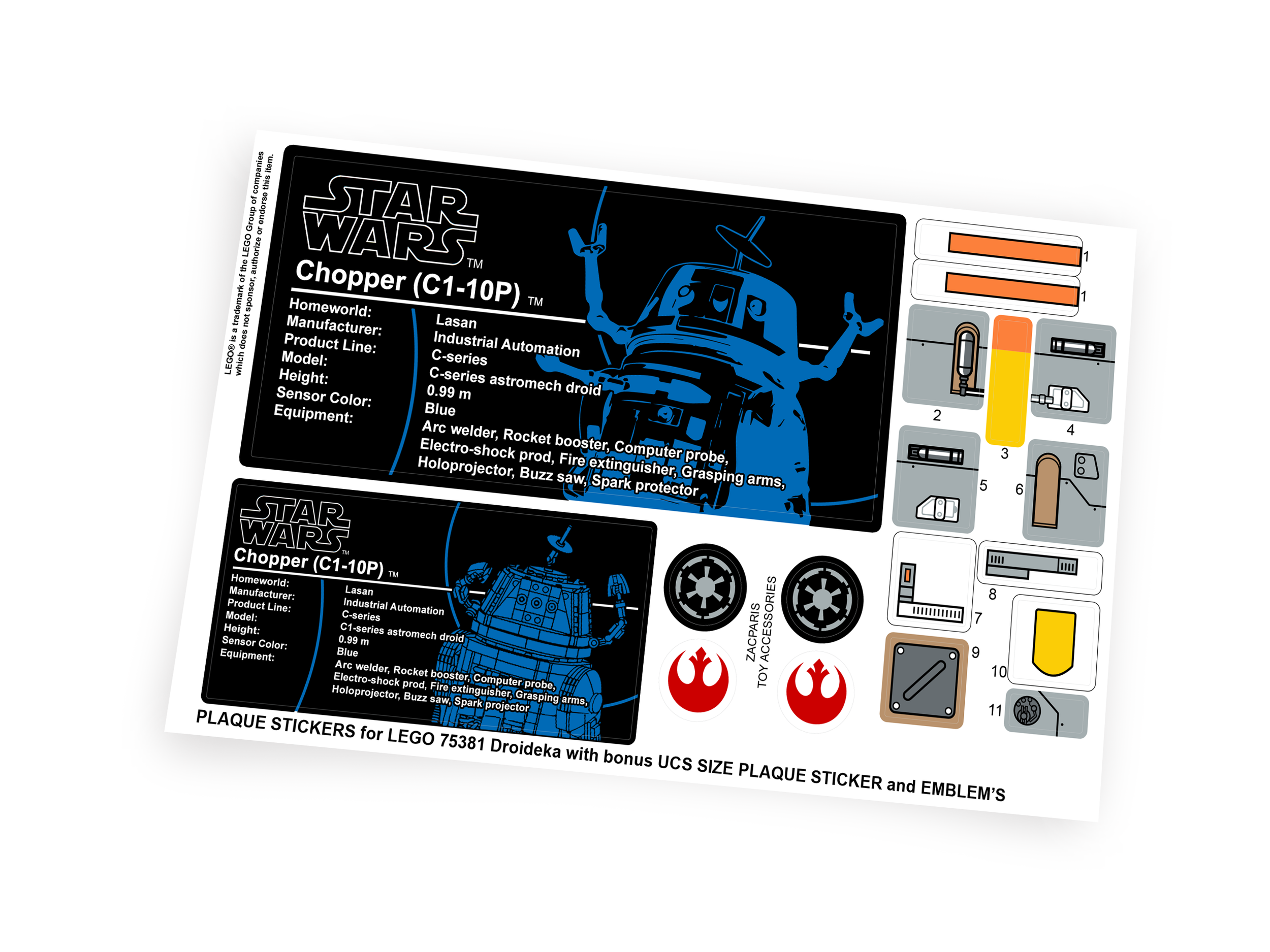 Custom Plaque stickers for Star Wars Set 75416 Chopper C1-10P with Bonus!