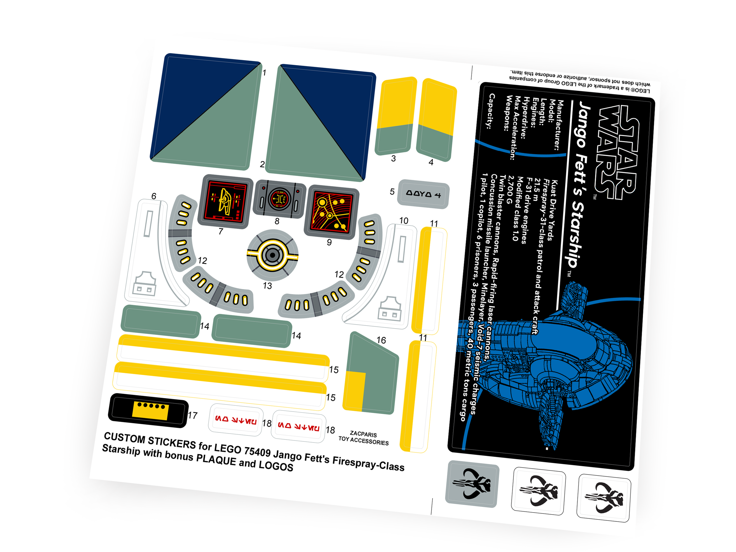 Custom Star Wars Set 75409 Jango Fett's Firespray-Class Starship stickers