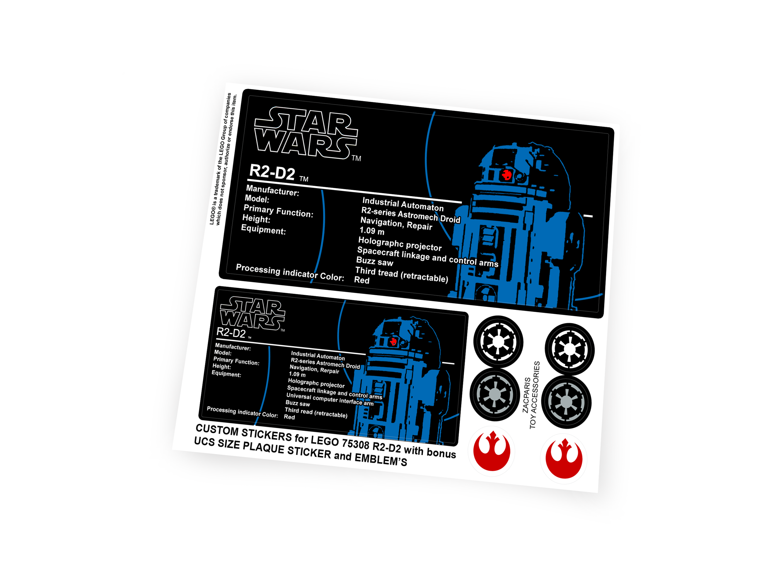 Custom stickers for Star Wars Set 75308 R2-D2 with Bonus!