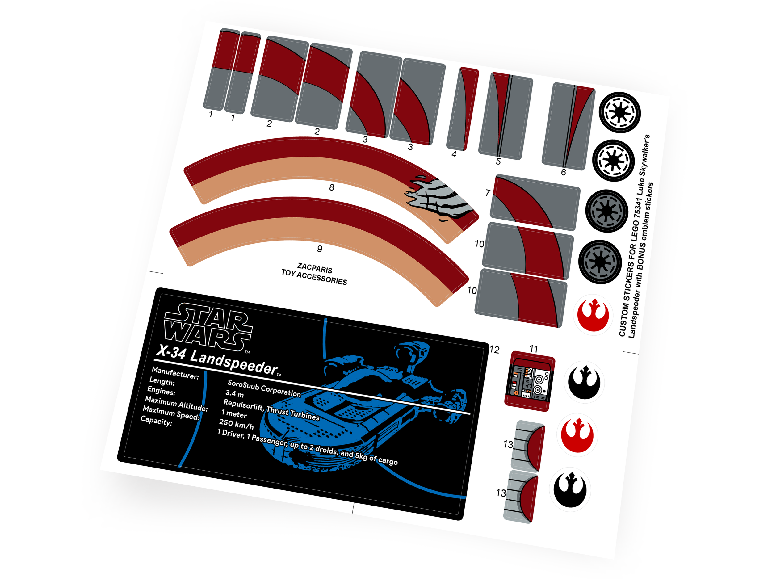 Custom Star Wars Set 75341 Luke Skywalker's Landspeeder stickers