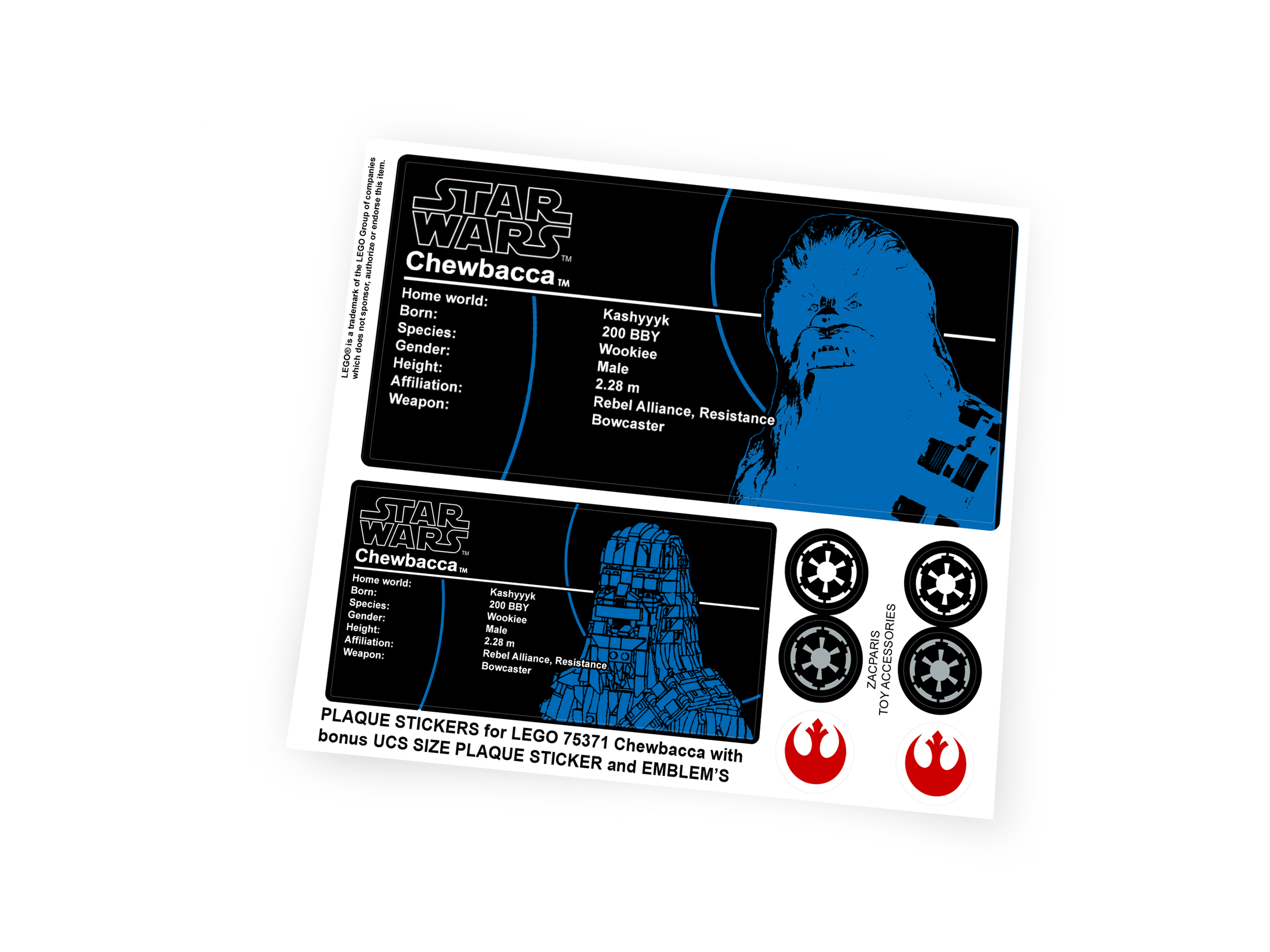 Custom Plaque stickers for Star Wars Set 75371 Chewbacca with Bonus!