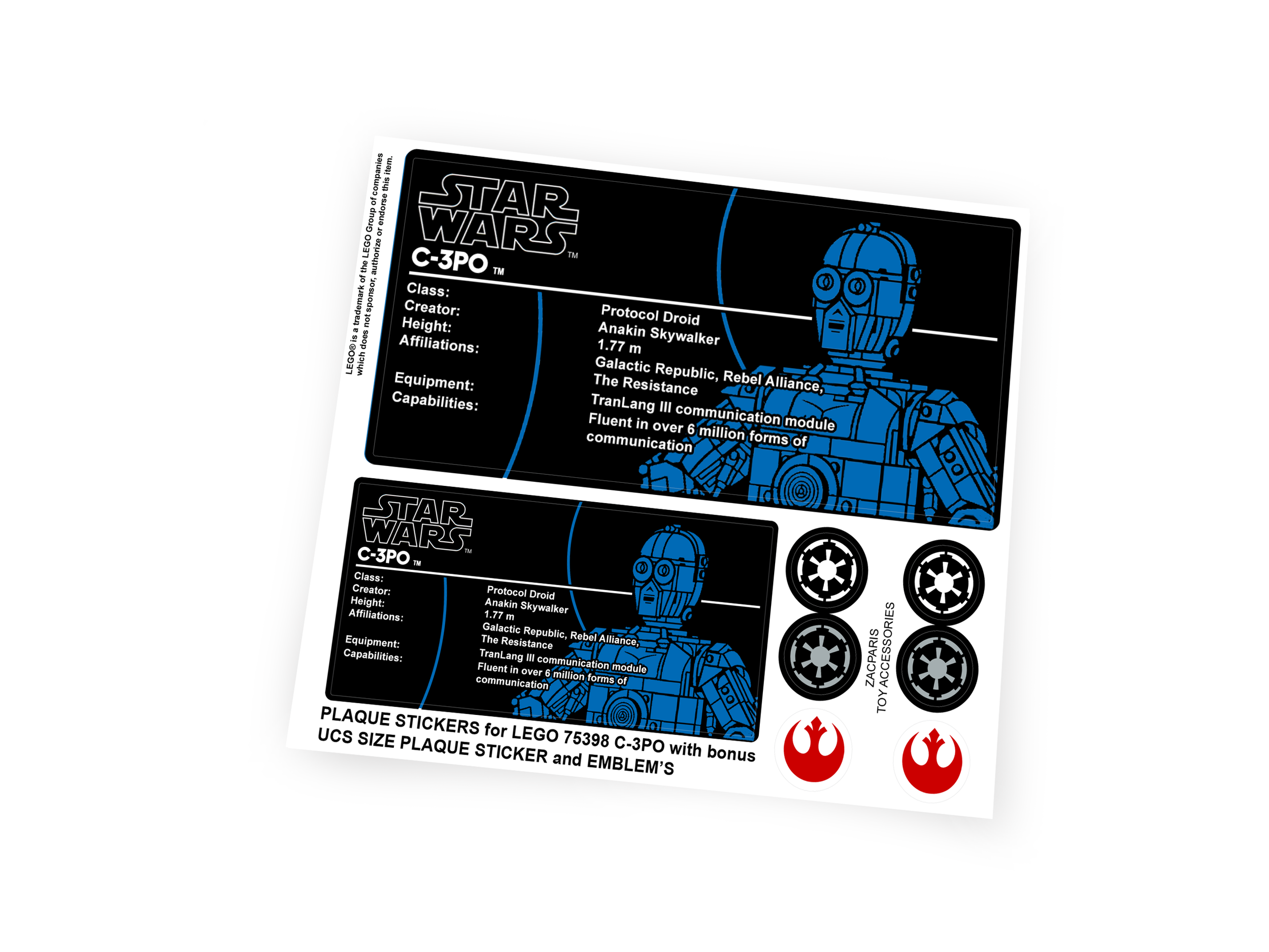 Custom Plaque stickers for Star Wars Set 75398 C-3PO with Bonus!