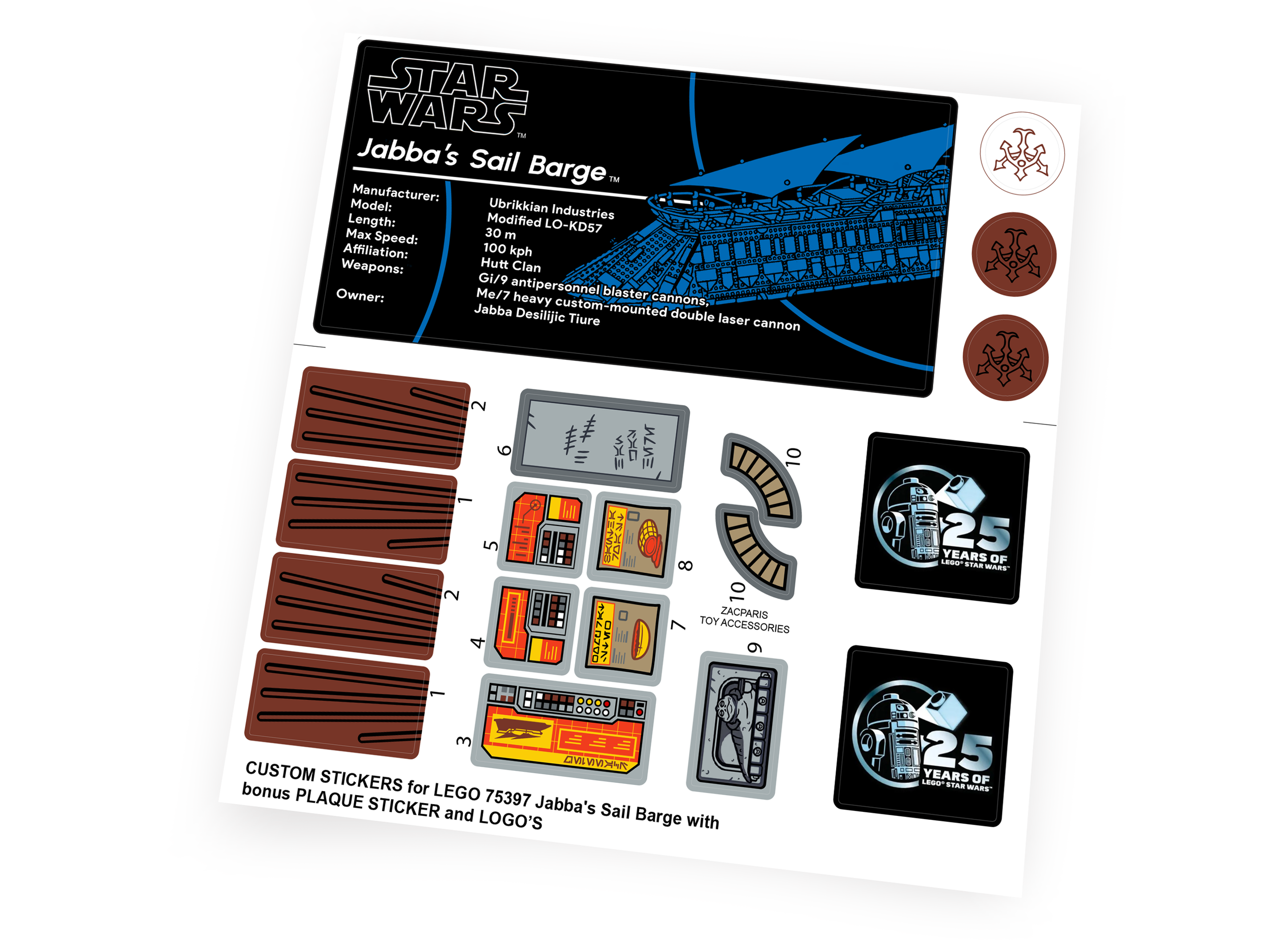 Custom Star Wars Set 75397 Jabba's Sail Barge stickers