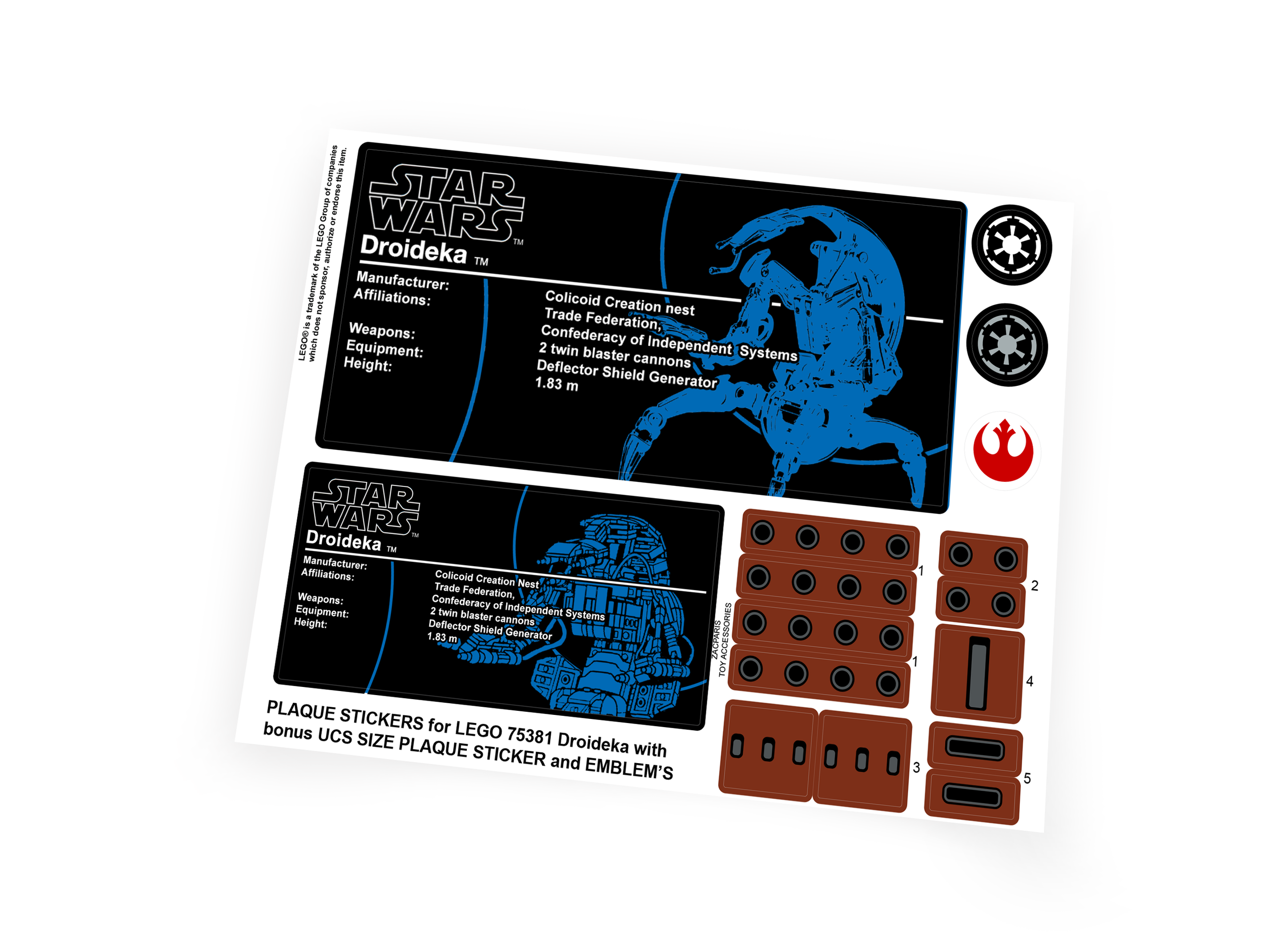 Custom Plaque stickers for Star Wars Set 75381 Droideka with Bonus!