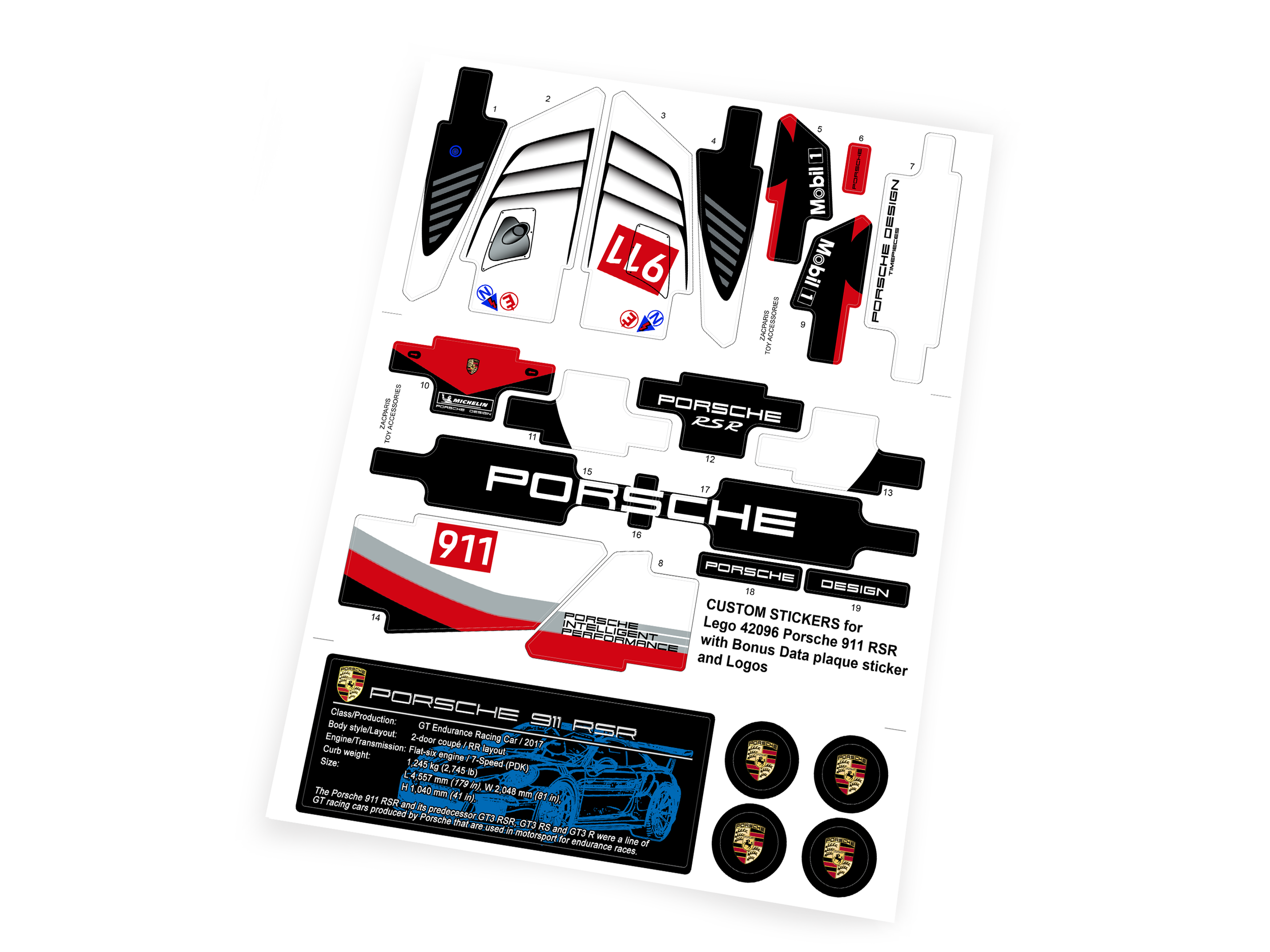 Custom stickers for Set 42096 Porsche 911 RSR with Bonus!