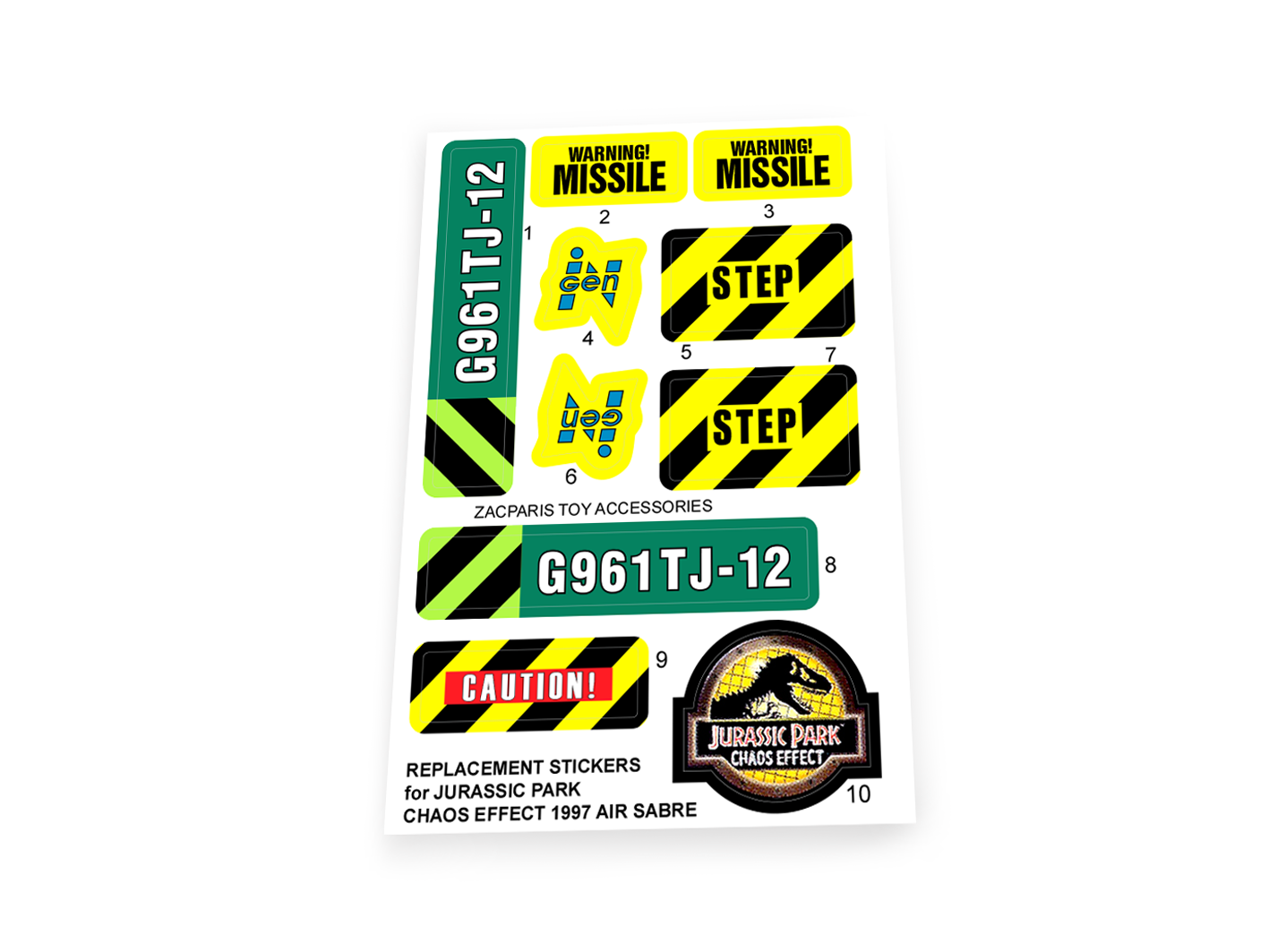 Kenner 1997 Jurassic Park Chaos Effect Air Sabre S.A.B.R.E stickers