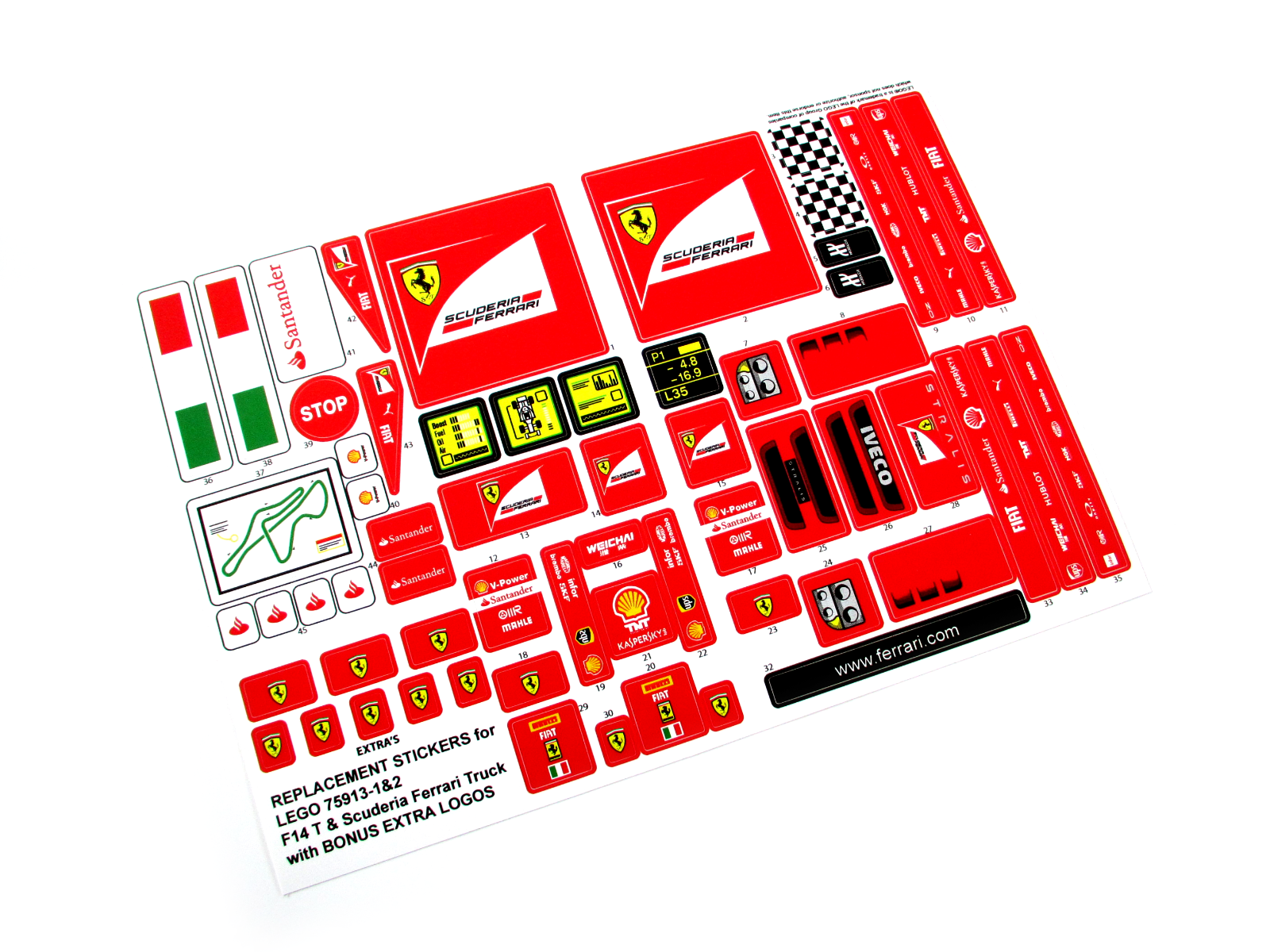 Custom Stickers for Set 75913 F14 T & Scuderia Ferrari Truck with Bonus logos!