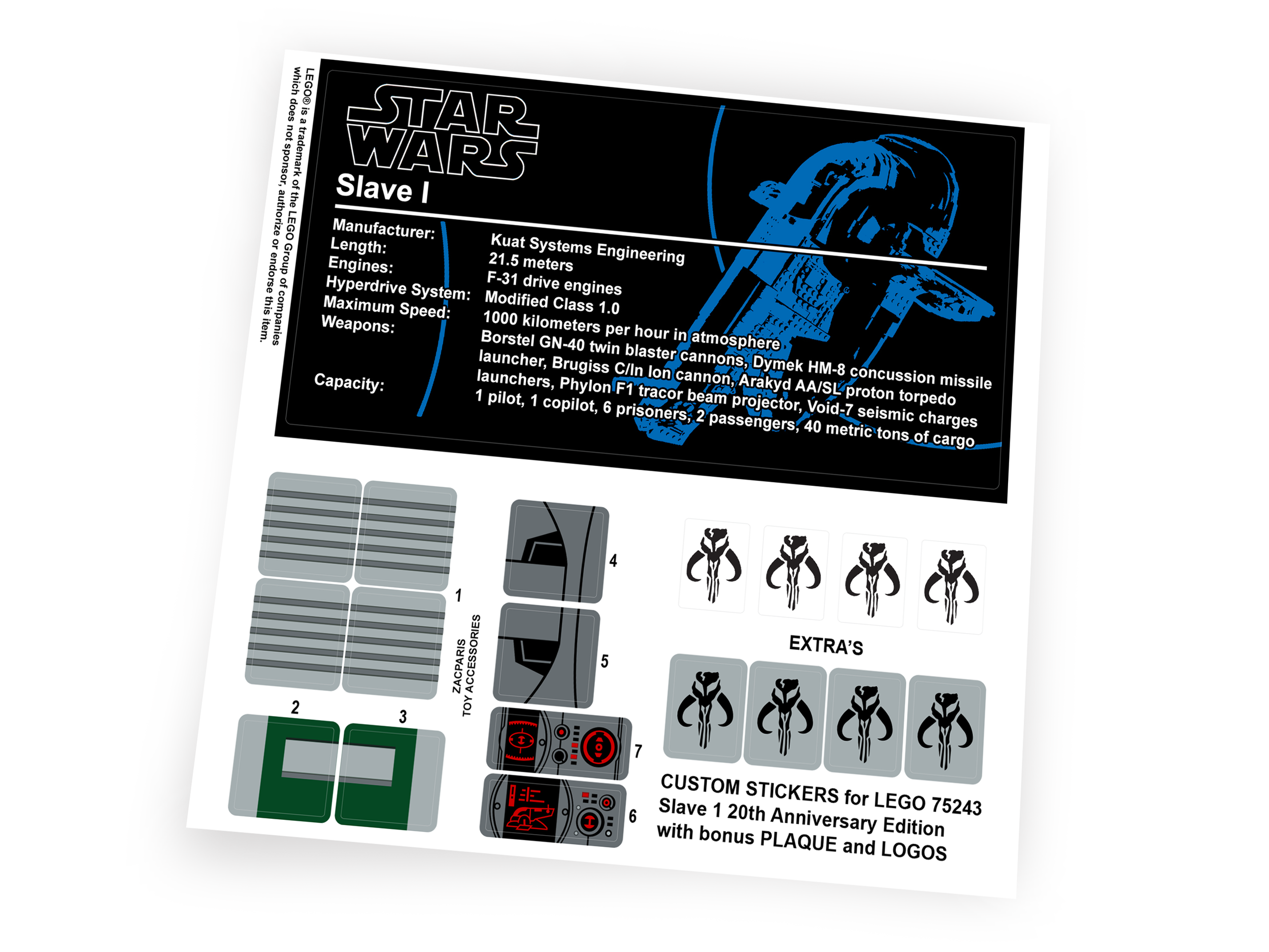 Custom stickers for Star Wars Set 75243 Slave I - 20th Anniversary Edition with Bonus!