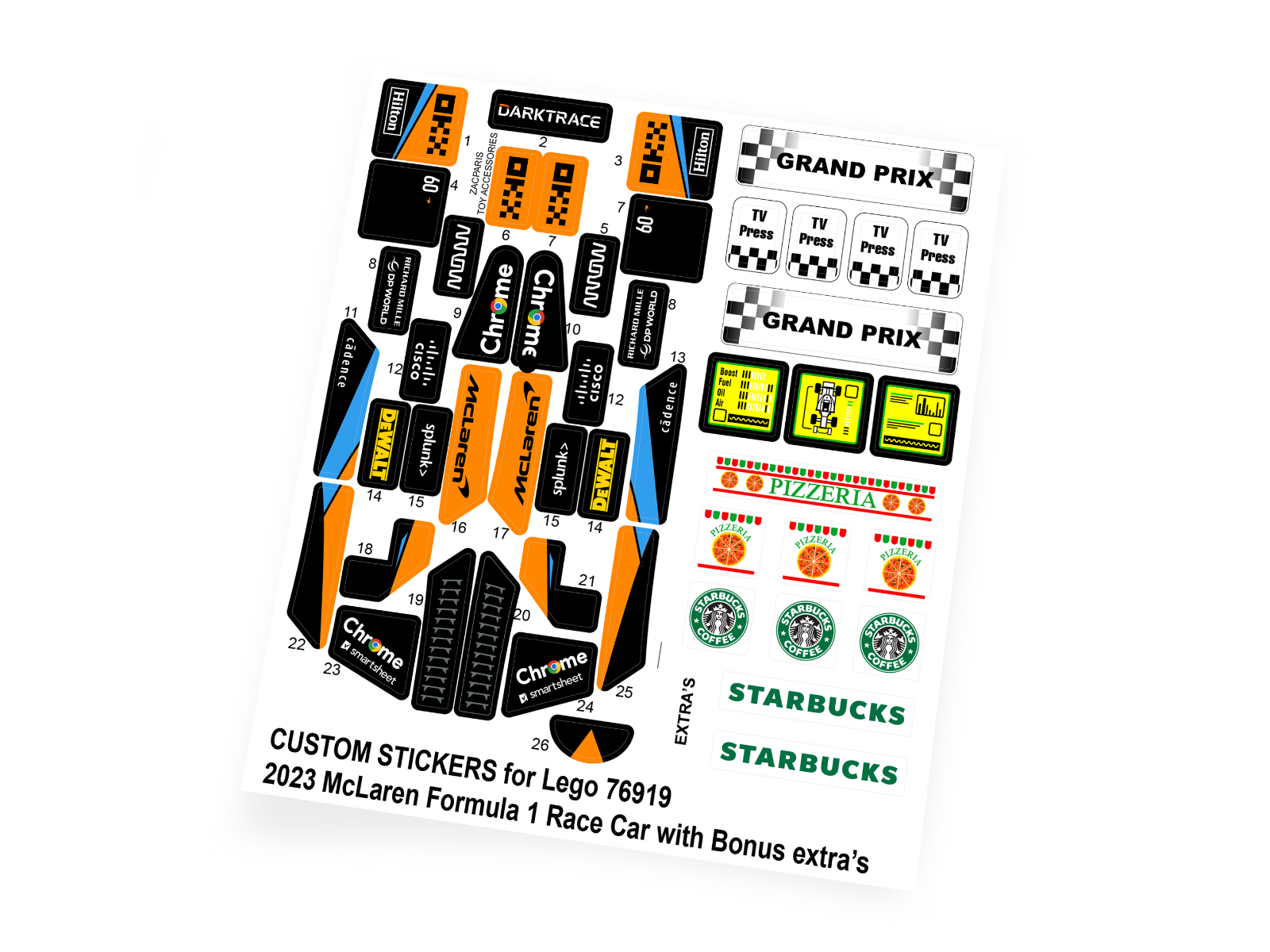 Custom stickers for Set 76919 2023 McLaren Formula 1 Car with Bonus!