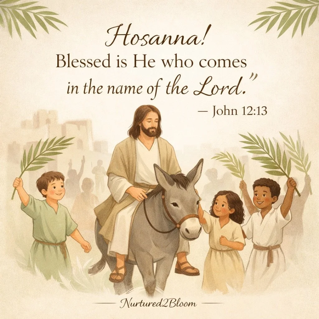 Hosanna! 🌿
Today we celebrate our King, humble, faithful, and full of love.
May our children learn to praise Him in every season. 🙏🏾

#palmsunday #faithkids #jesusisking #nurtured2bloom #raisinggodlychildren
