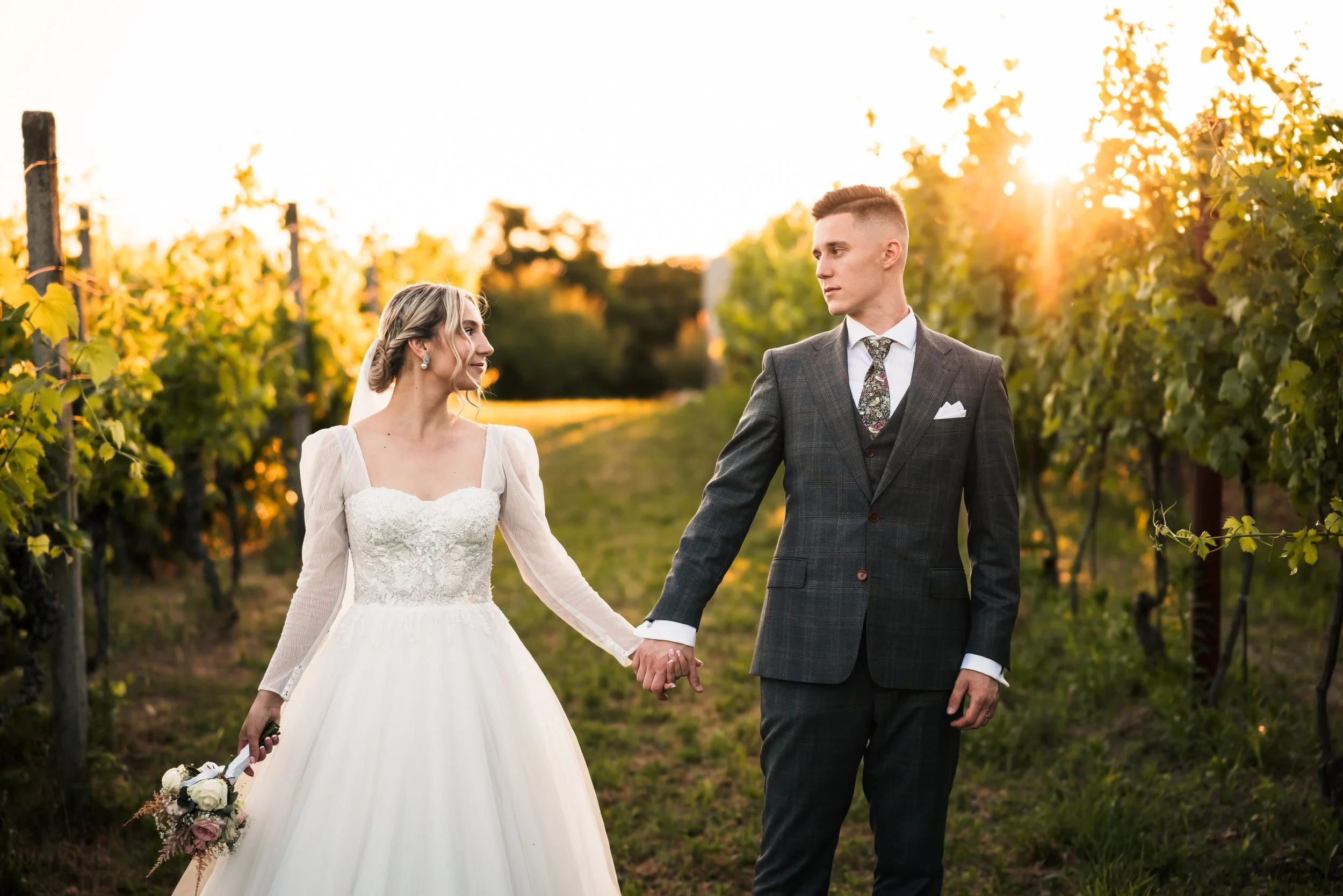 A bride and groom holding hands in a vineyard during sunset, with the bride wearing a white lace wedding dress and the groom in a gray plaid suit.