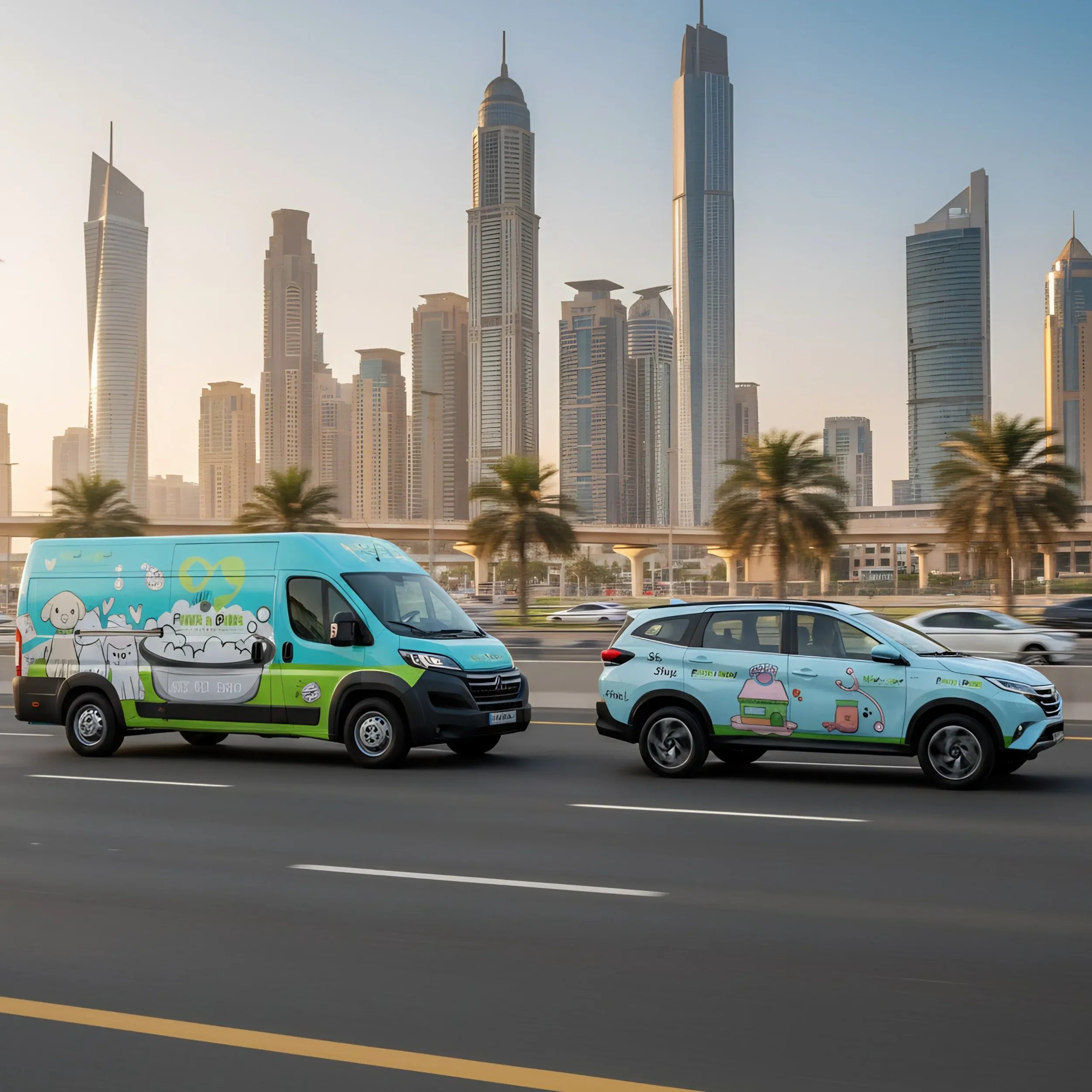 A city skyline with tall modern skyscrapers against a clear sky, seen behind a highway with multiple lanes. Two colorful cartoon-style vans with playful illustrations are driving on the road.