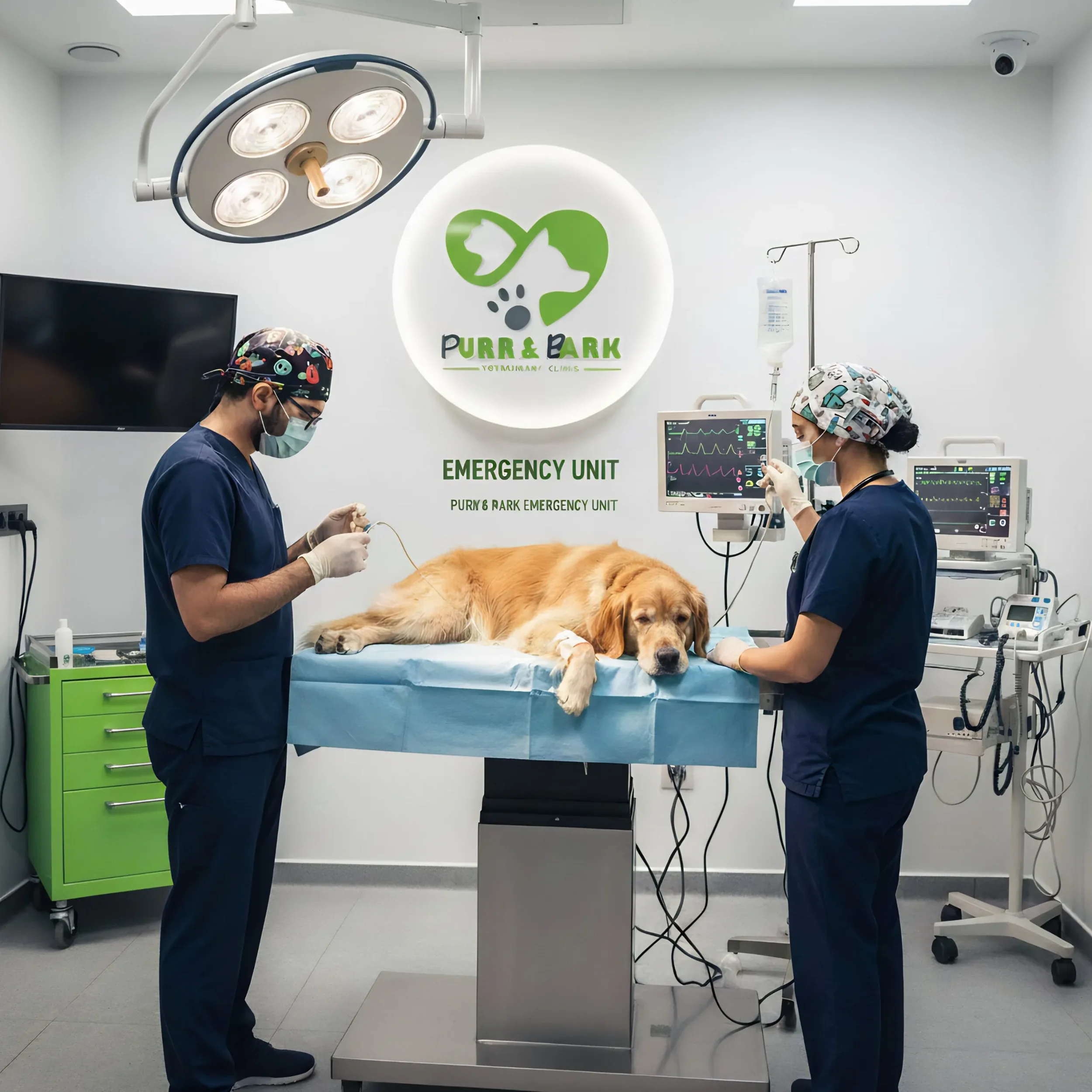 Veterinary doctors and a veterinarian technician working on a dog in an emergency veterinary unit, with medical monitors and equipment visible, and the clinic's logo on the wall.