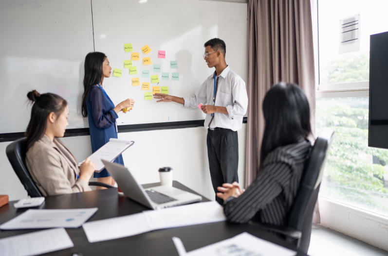 Team holding onto an idea and explaining their thinking during a work meeting.