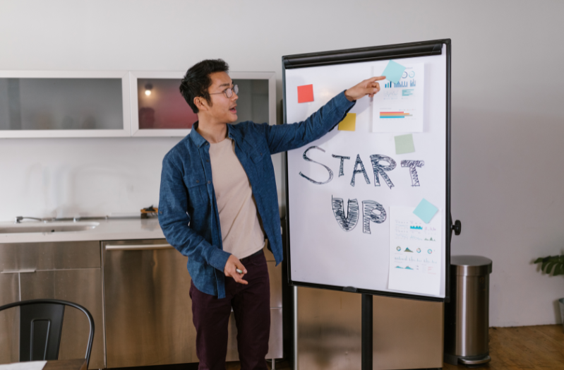 Startup team explaining the reasoning behind an idea in a meeting.