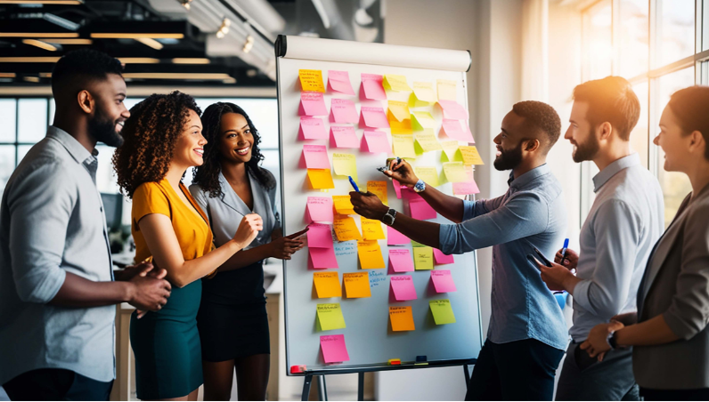 Six diverse professionals participating in a brainstorming session with colorful sticky notes on a whiteboard.