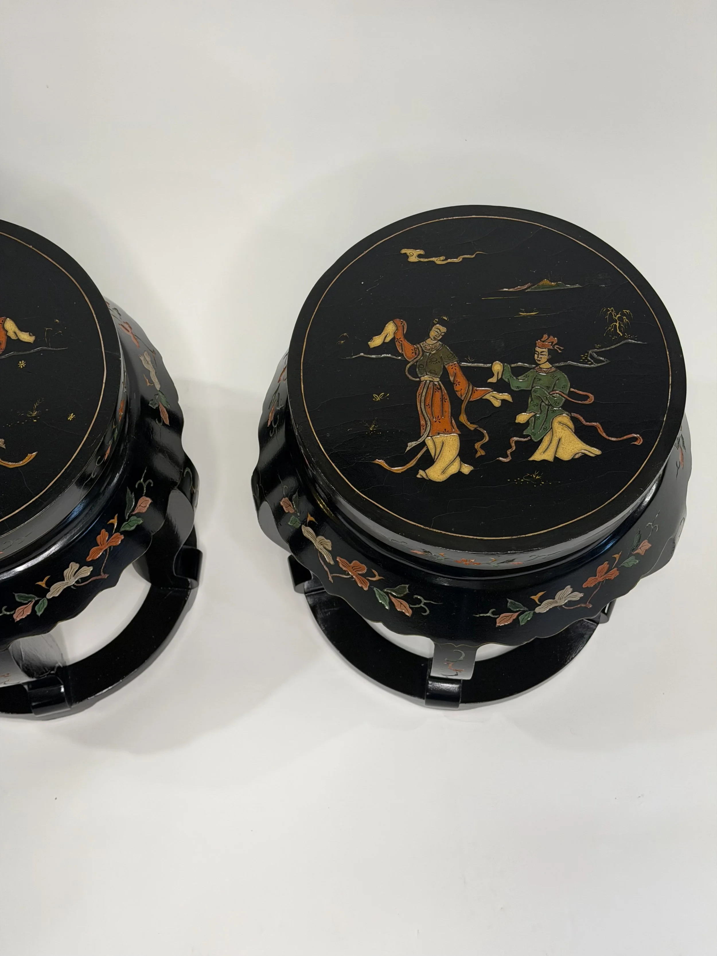 Pair of Vintage Chinese Lacquered and Painted Garden Seats