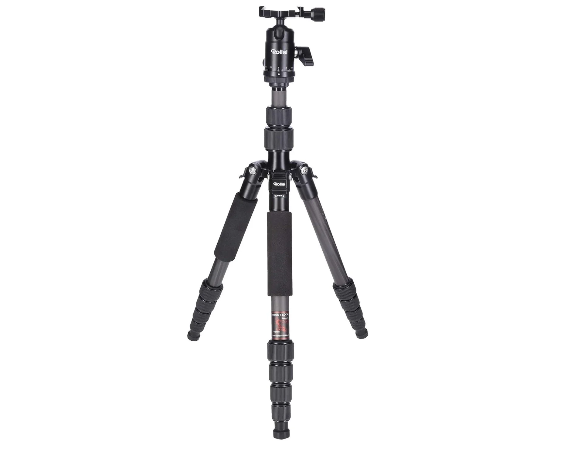 Trípode negro con patas ajustables y cabeza de rotación, usado en fotografía o videografía.