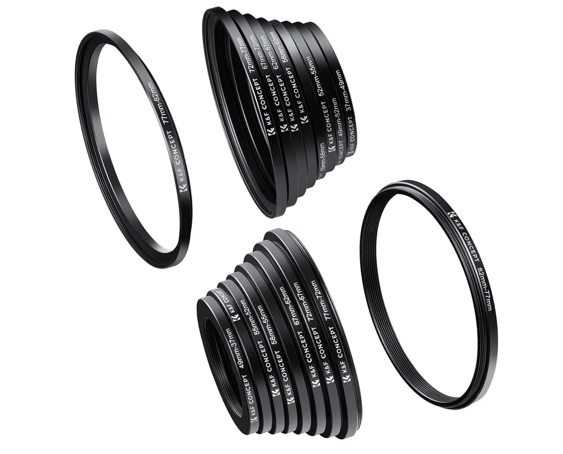 Conjunto de filtros de lentes fotográficos de diferentes tamaños y diámetros, con marcas y especificaciones en sus bordes, dispuestos en forma de fallo.